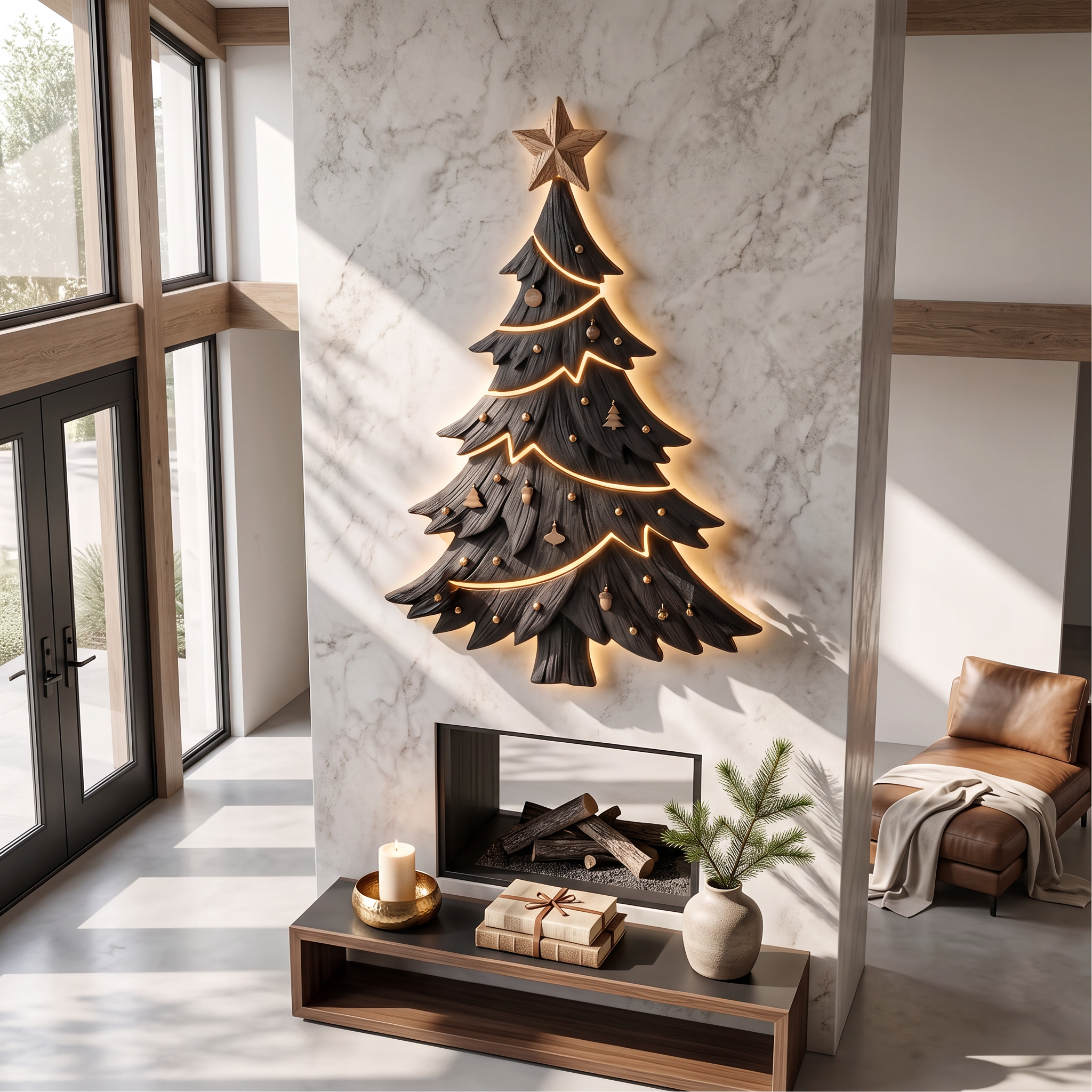 Contemporary Xmas Wall Sculpture With Evergreen Silhouette For Living Room SINLSAWA145