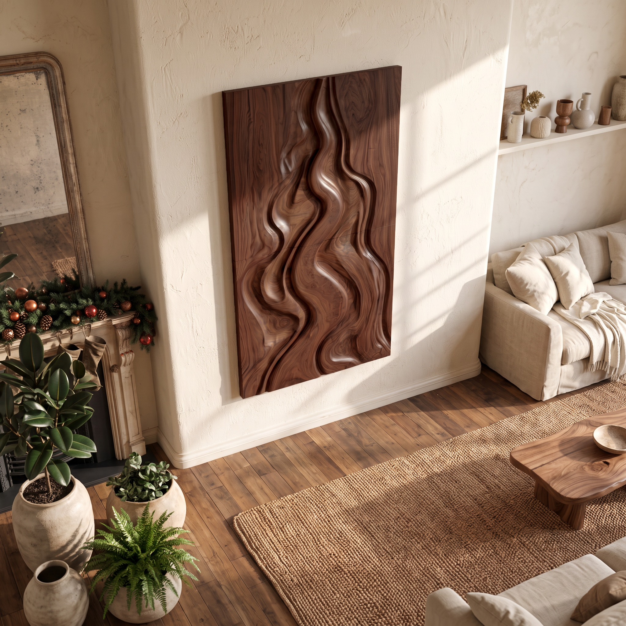 Decorazione murale astratta natalizia naturale con design intagliato fluido per camera da letto SINLSAWA149