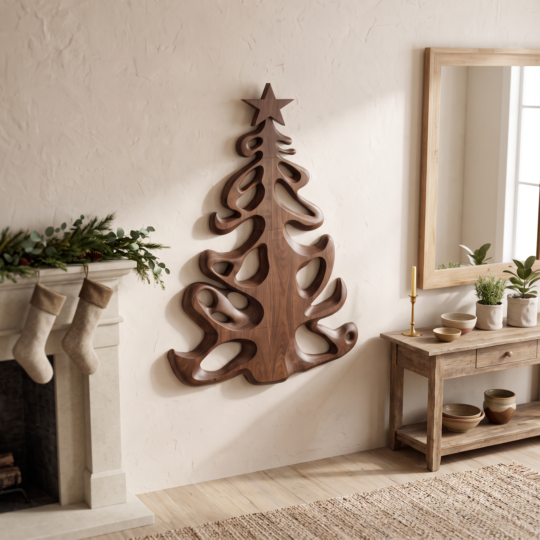 Decorazione natalizia in legno biologico con sagoma ad albero fluida per l'ingresso SINLSAWA152
