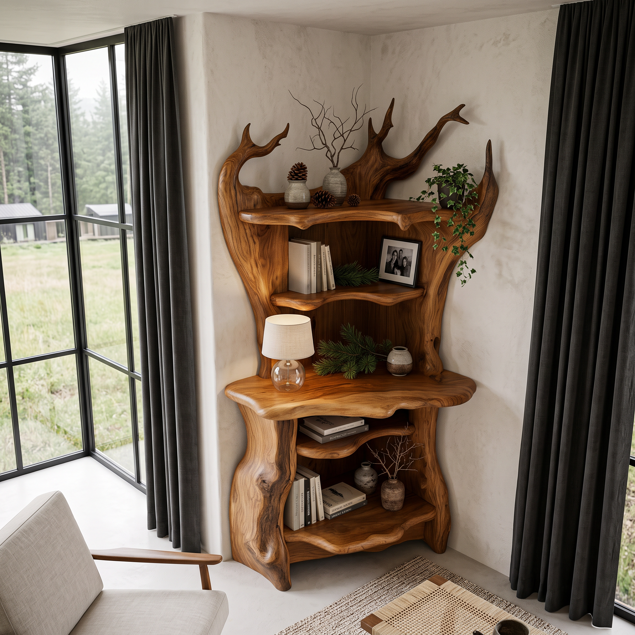 Rustic Corner Bookcase With Live Edge Shelves For Reading Nook SINLHABS073