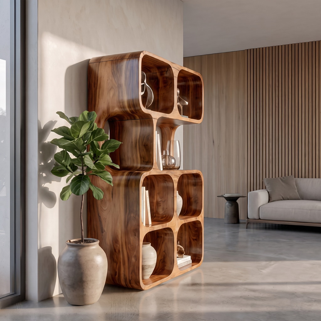 Statement Leaning Bookshelf Handcrafted Organic Wood Design For Modern Home SINLKIBS065