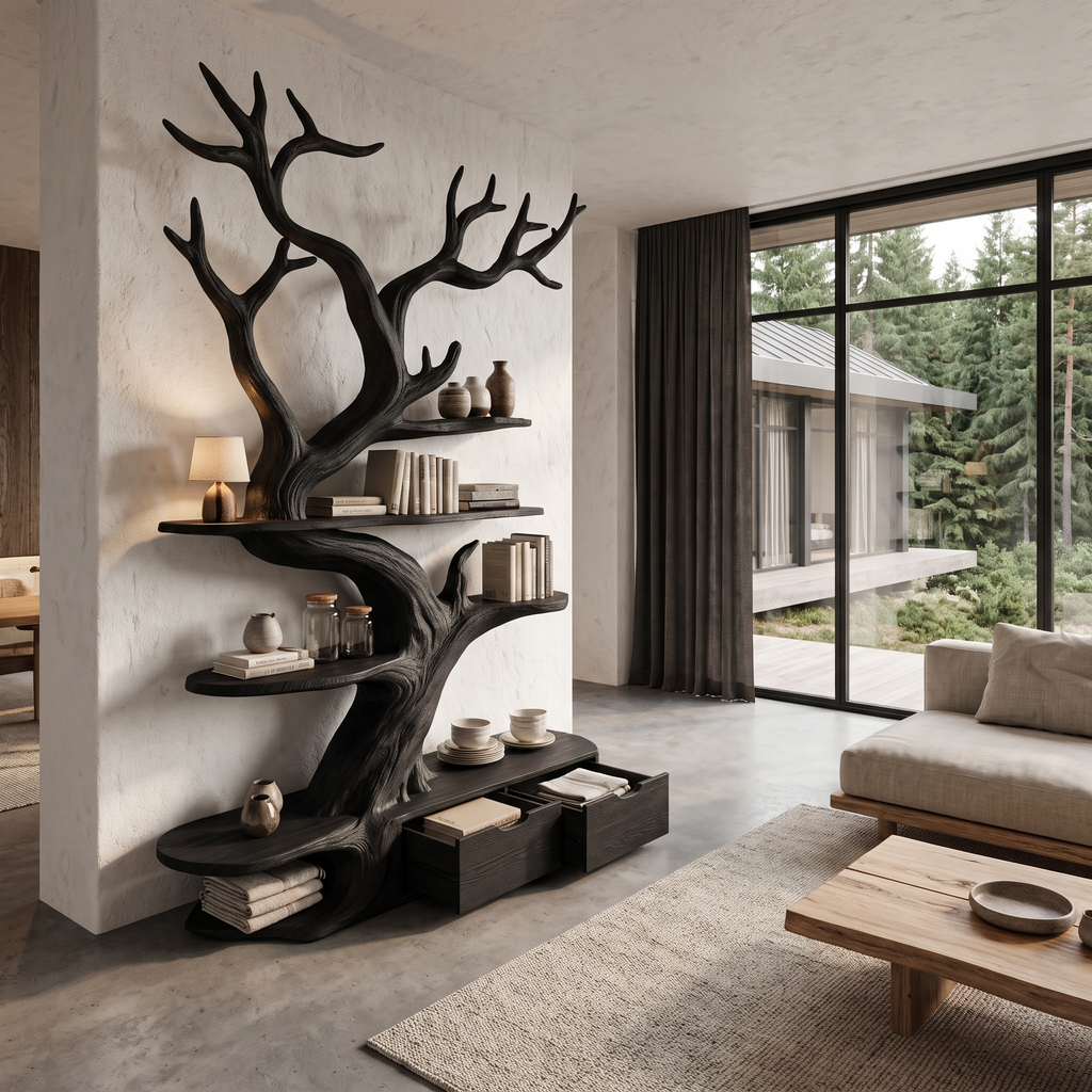 Sculptural Tree Bookshelf Handcrafted Tree Branch Design For Home Office SINLHATB769