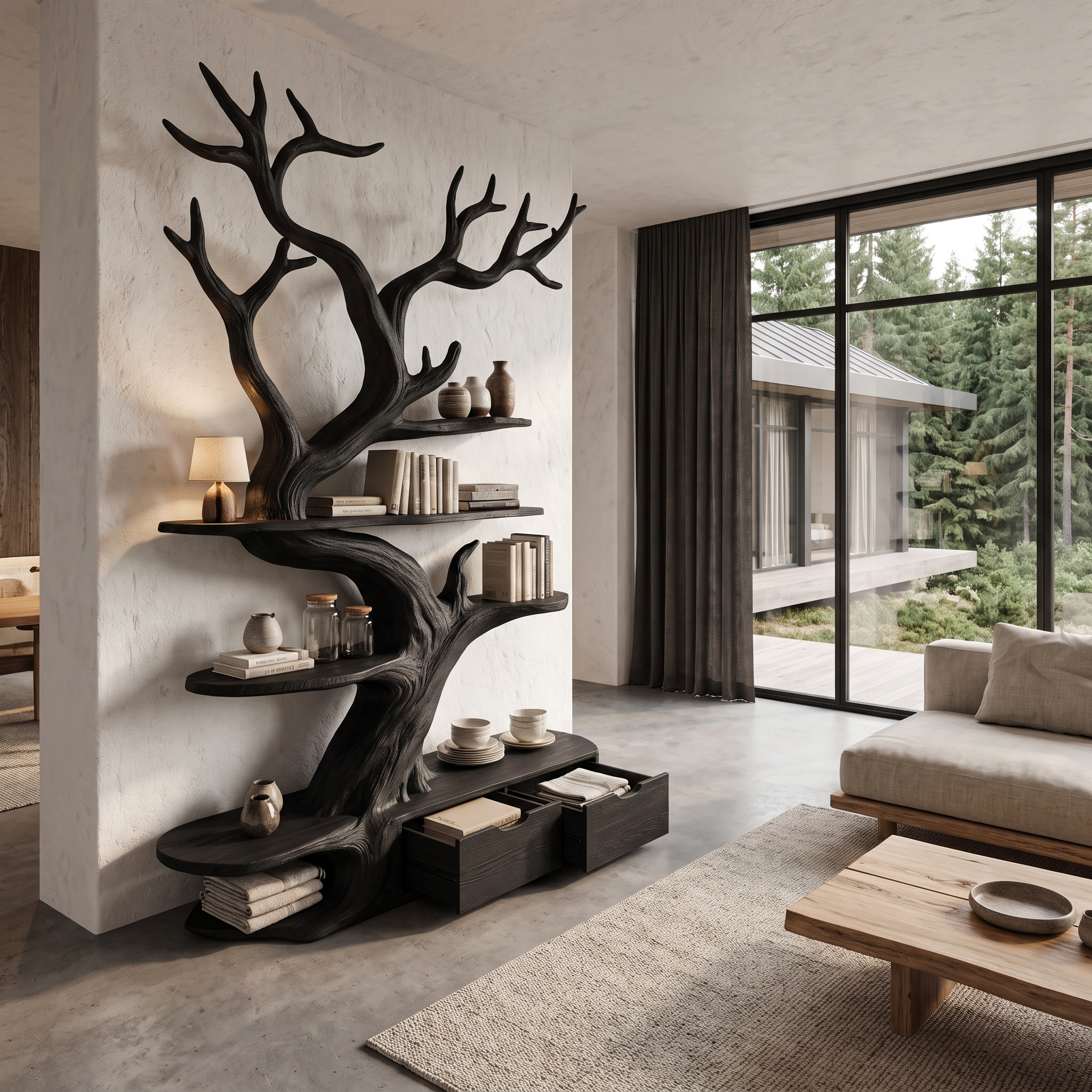 Sculptural Tree Bookshelf Handcrafted Tree Branch Design For Home Office SINLHATB769