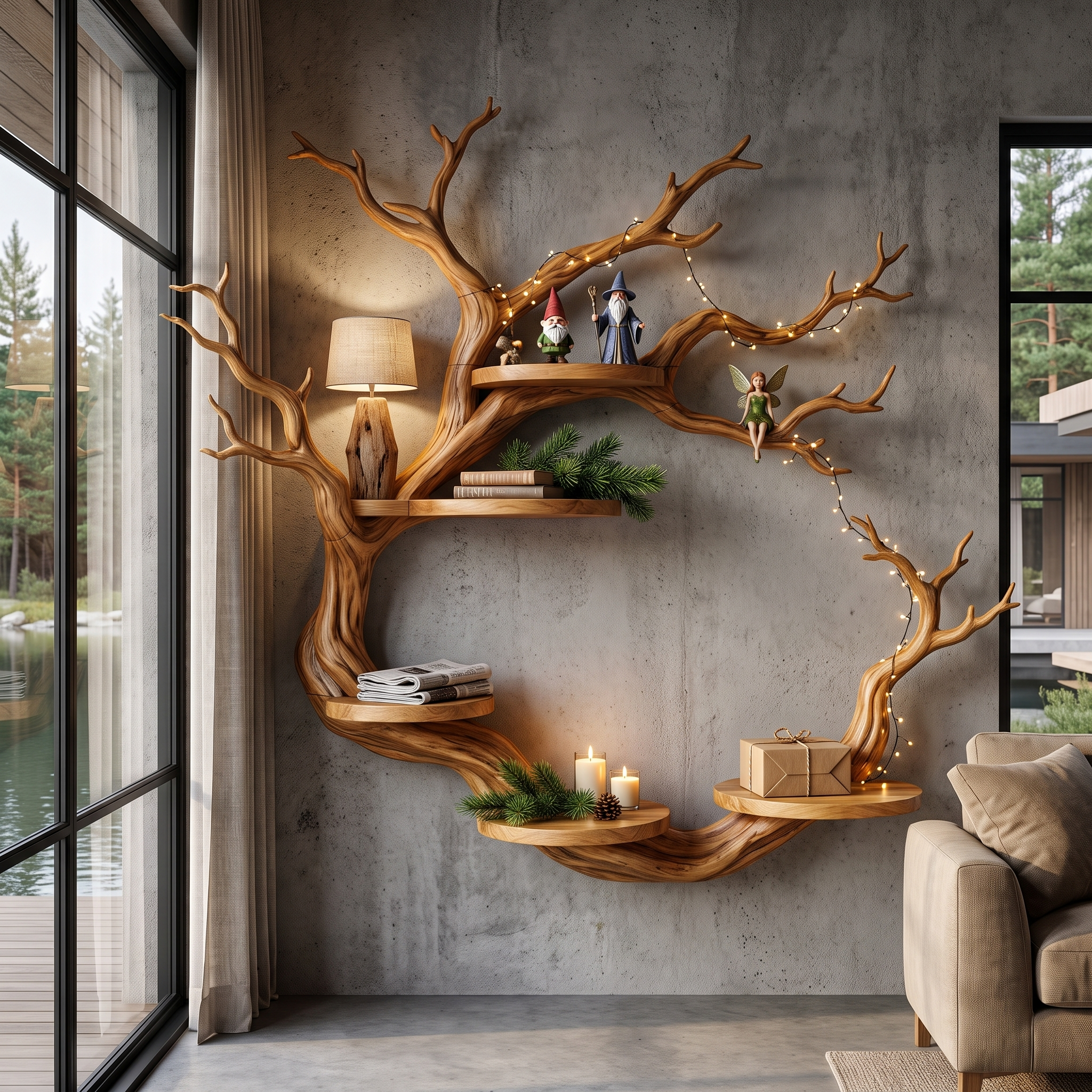 Rustic Tree Bookshelf With Sculptural Circular Branch Design For Living Room SINLHAFL066