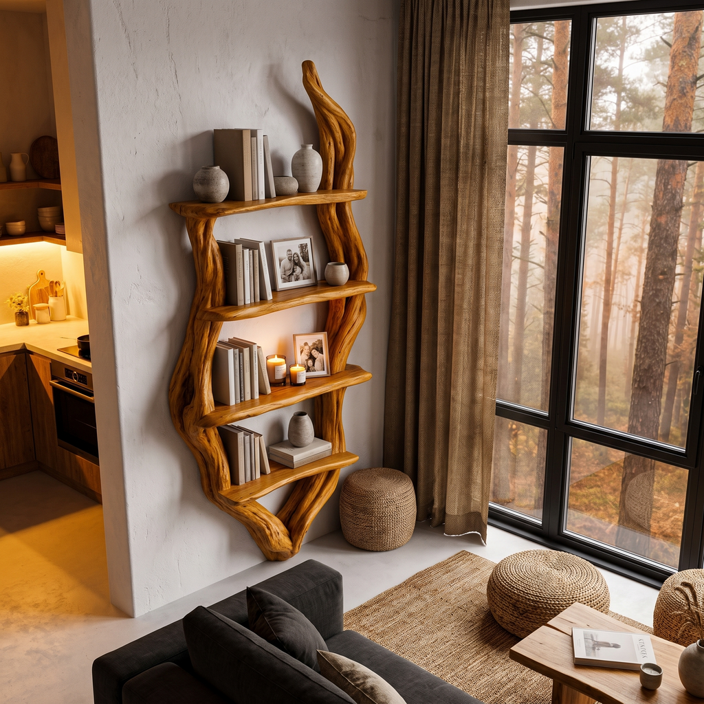 Rustic Wall Bookshelf Handcrafted Tree Branch Design For Living Room SINLHABS066