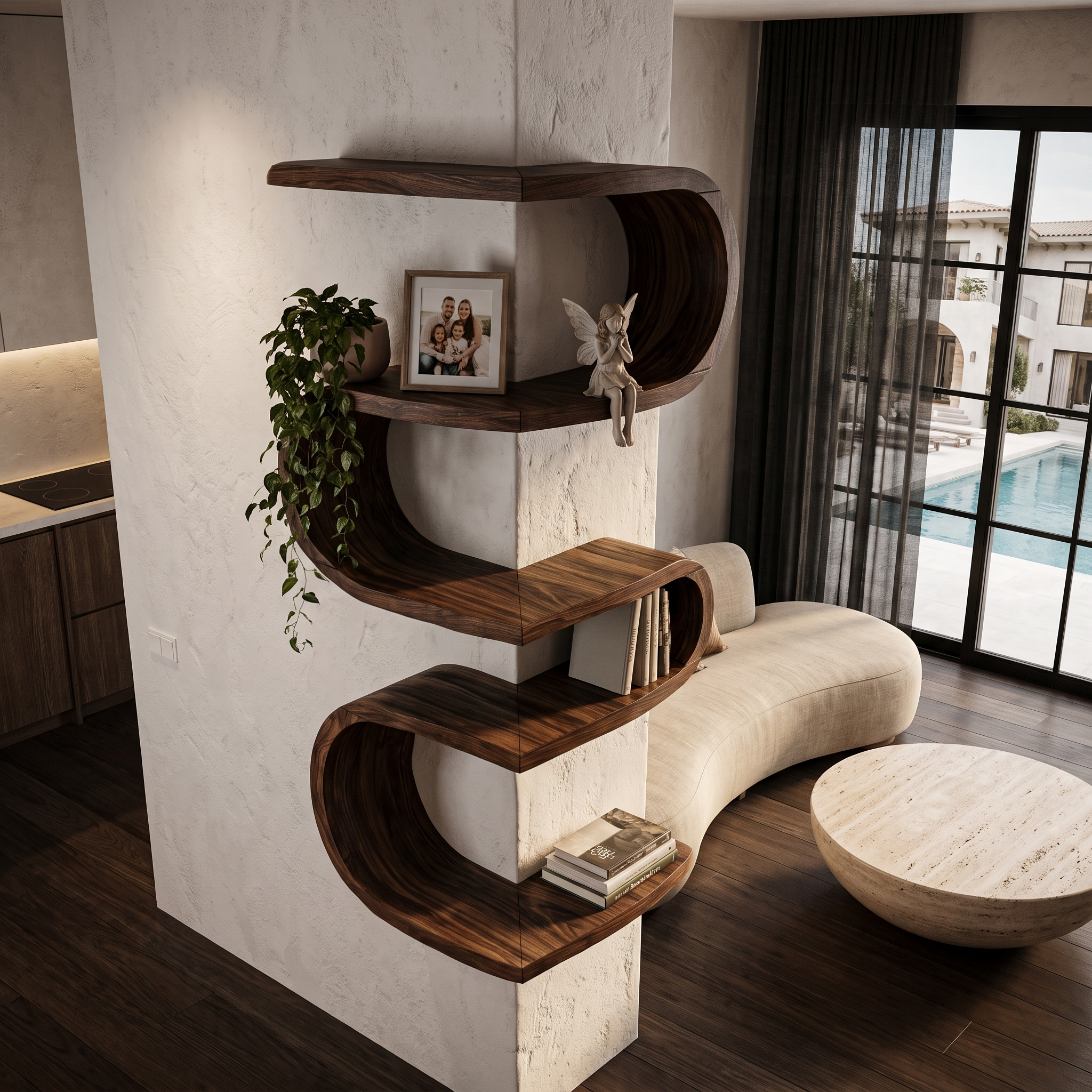 Sculptural Corner Wall Bookshelf Handcrafted Curved Design For Living Room SINLHABS067