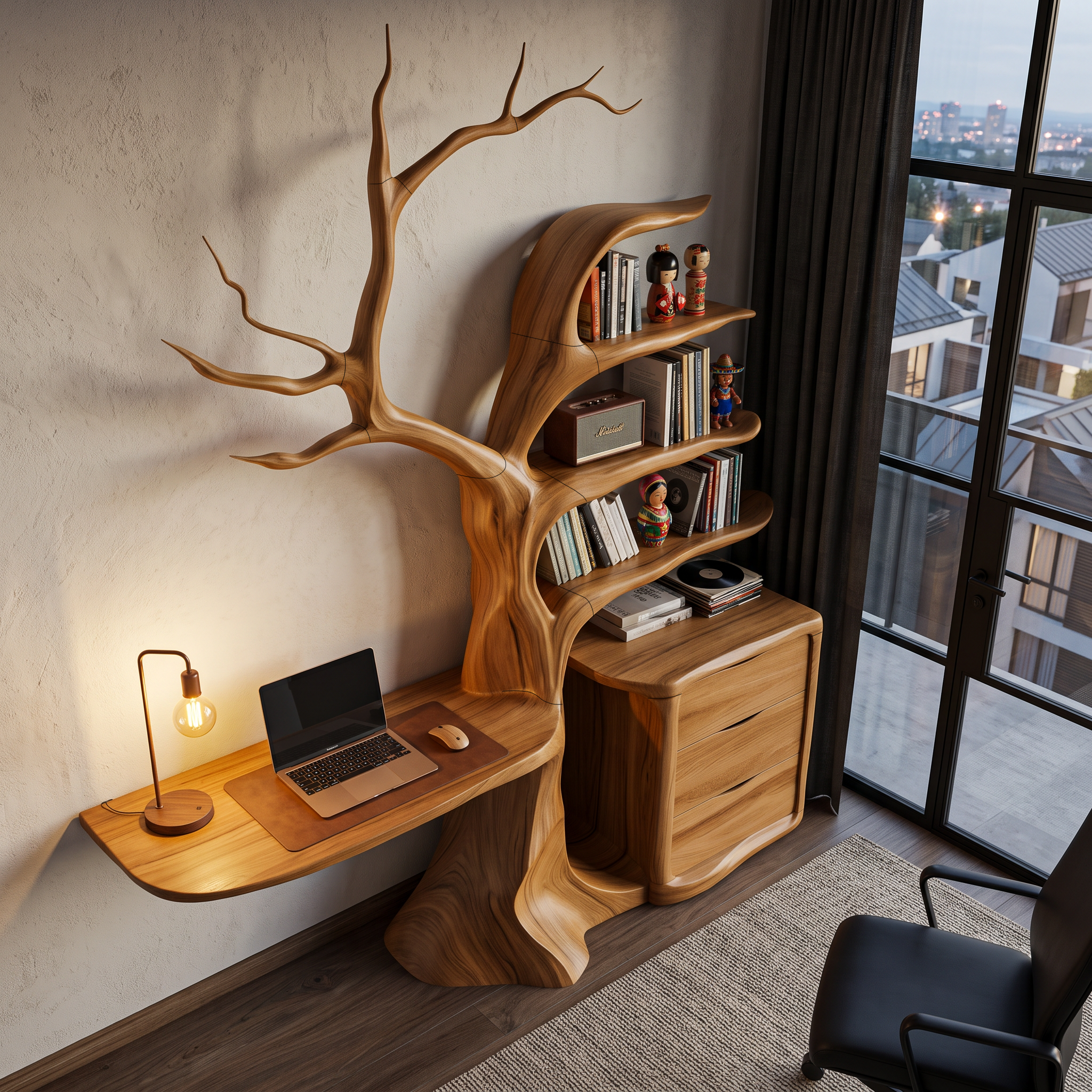 Natural Floating Desk With Sculptural Tree Bookshelf For Home Office SINLHADE172