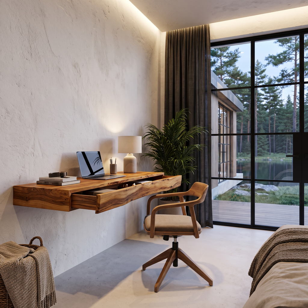 Rustic Floating Desk With Live Edge Design For Home Office And Workspace SINLHADE169
