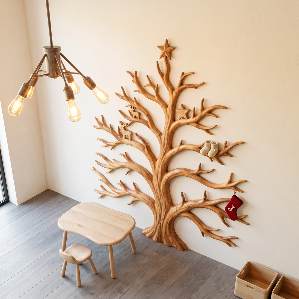 Rustic Christmas Wooden Wall Sculpture With Bare Branch Tree Design For Living Room SINLSAWA139