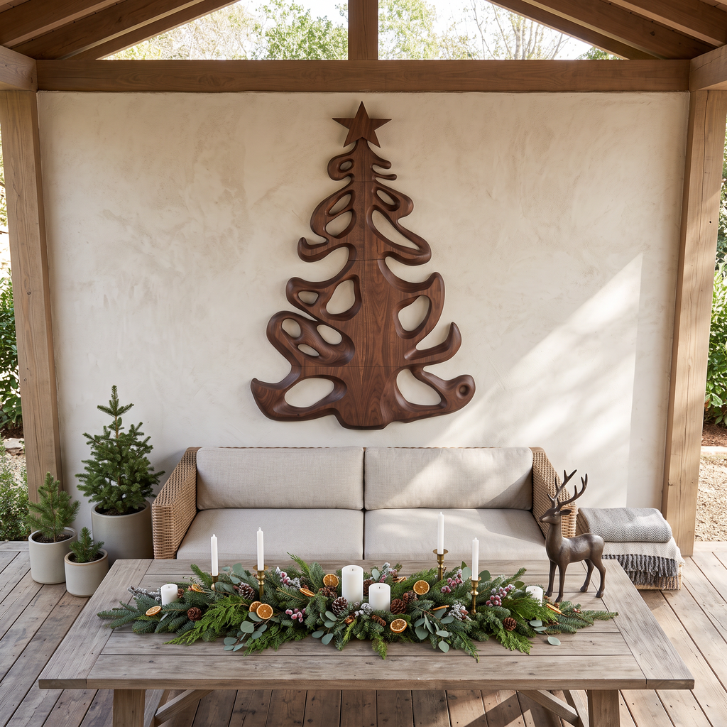 Decorazione natalizia in legno biologico con sagoma ad albero fluida per l'ingresso SINLSAWA152
