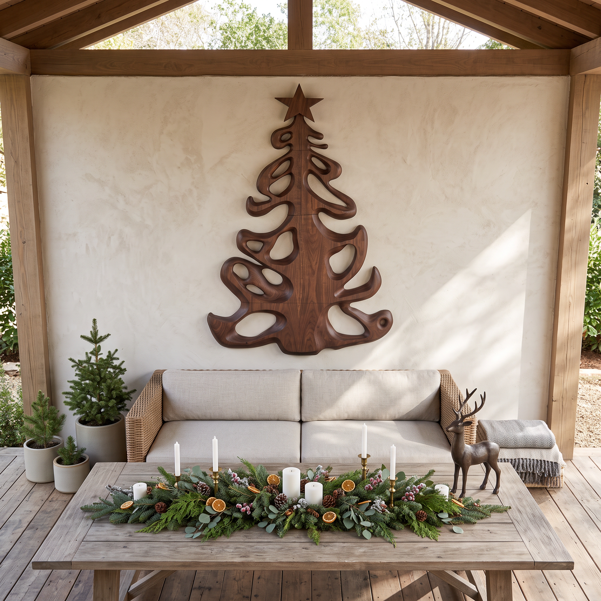 Decorazione natalizia in legno biologico con sagoma ad albero fluida per l'ingresso SINLSAWA152