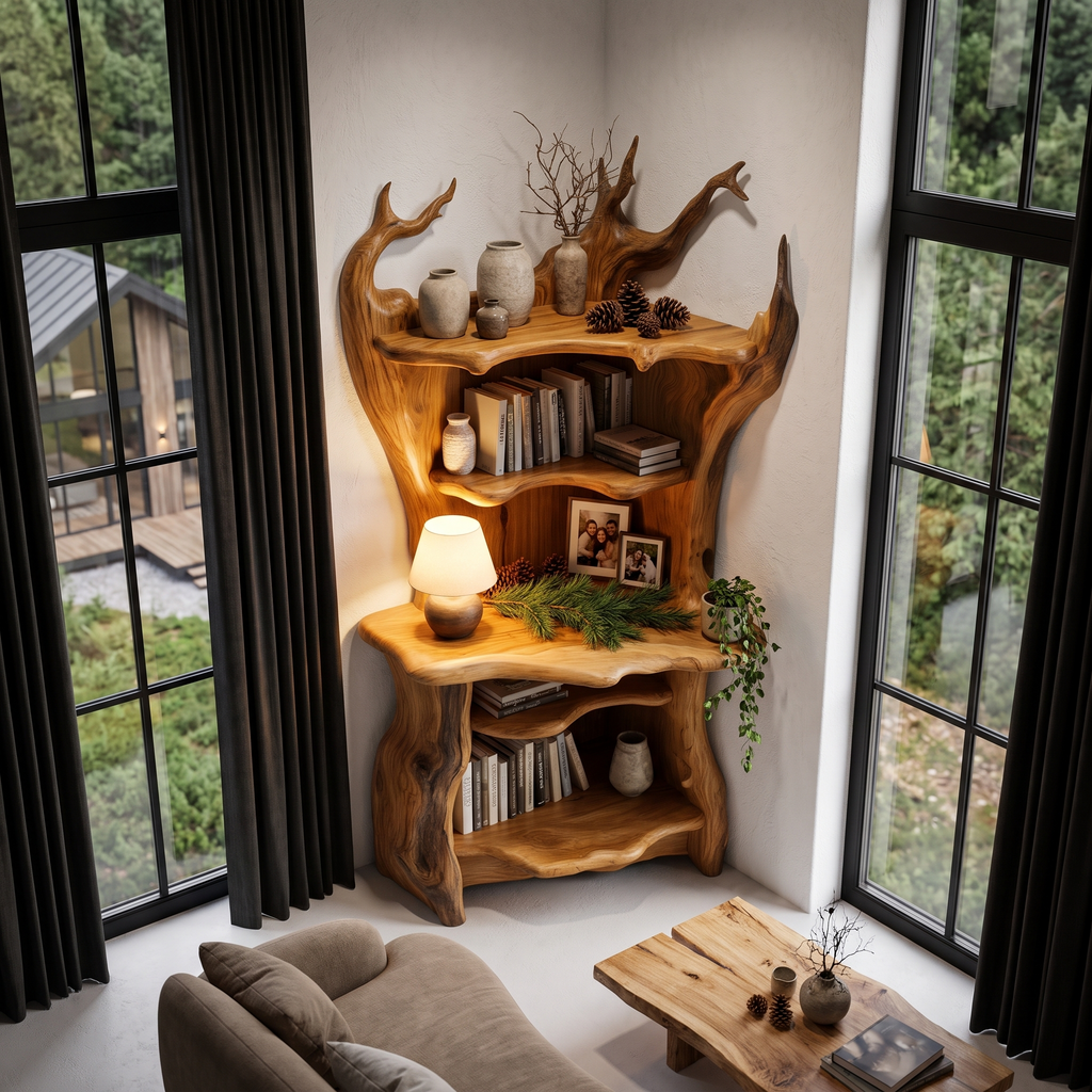 Rustic Corner Bookcase With Live Edge Shelves For Reading Nook SINLHABS073