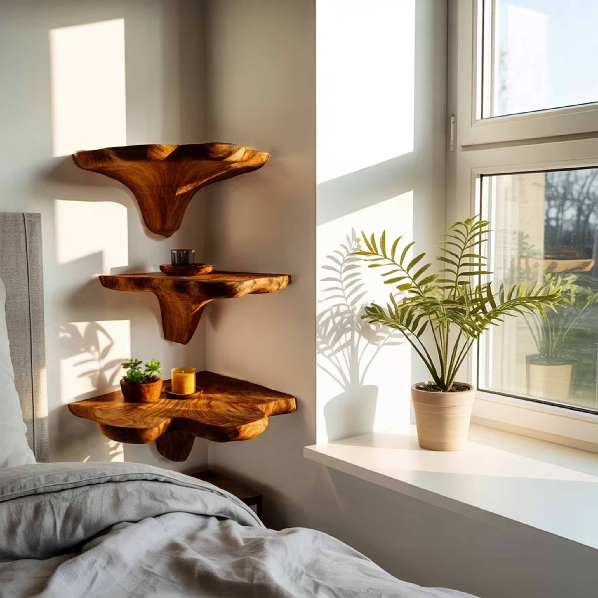Mensola a fungo in legno stile rustico con bordo vivo per l'arredamento della camera da letto SILDTTNCMS018