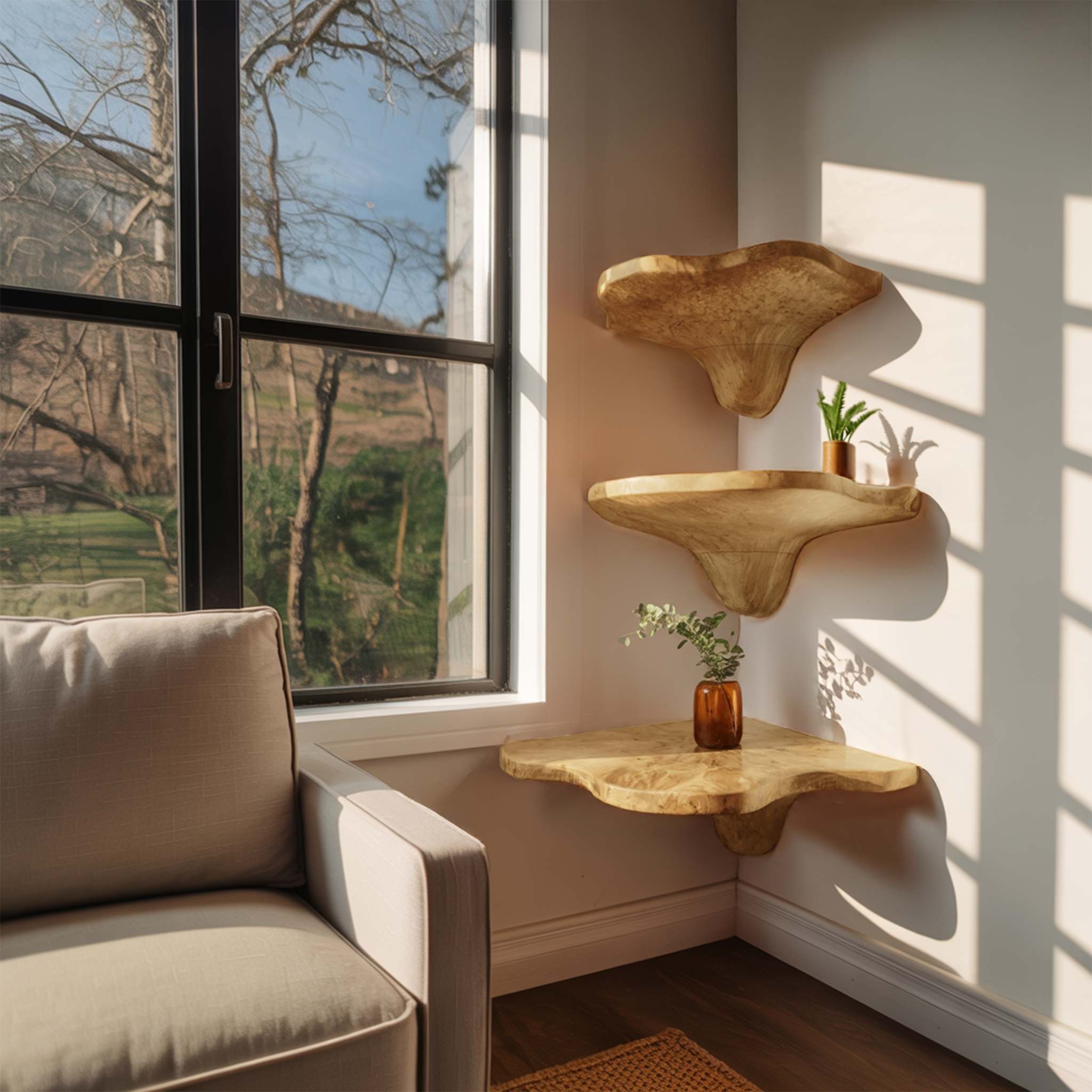 Mensola in legno massello con bordo naturale a fungo artigianale Mid Century per la casa SILDTTNCMS021