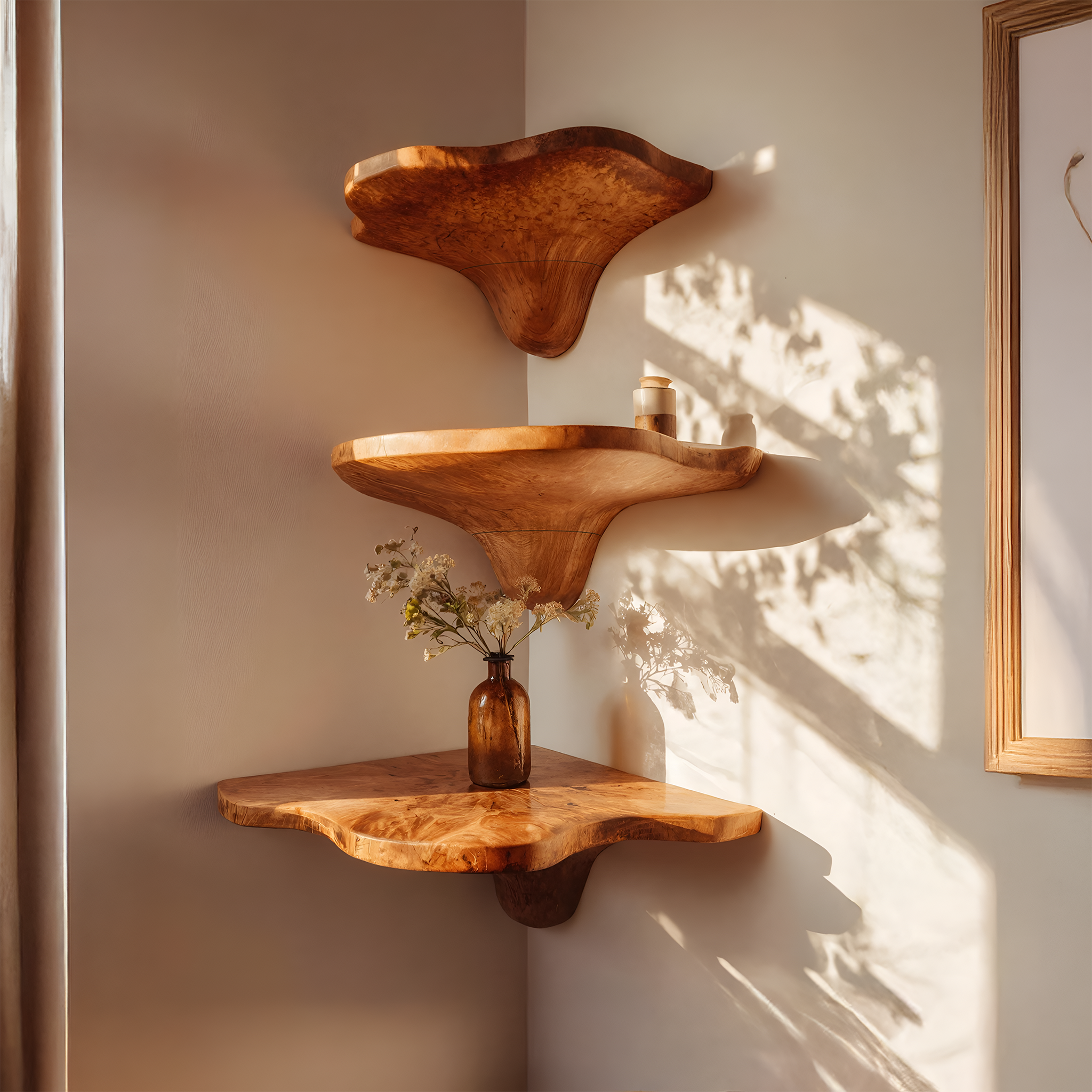 Mensola in legno massello con bordo naturale a fungo artigianale Mid Century per la casa SILDTTNCMS021