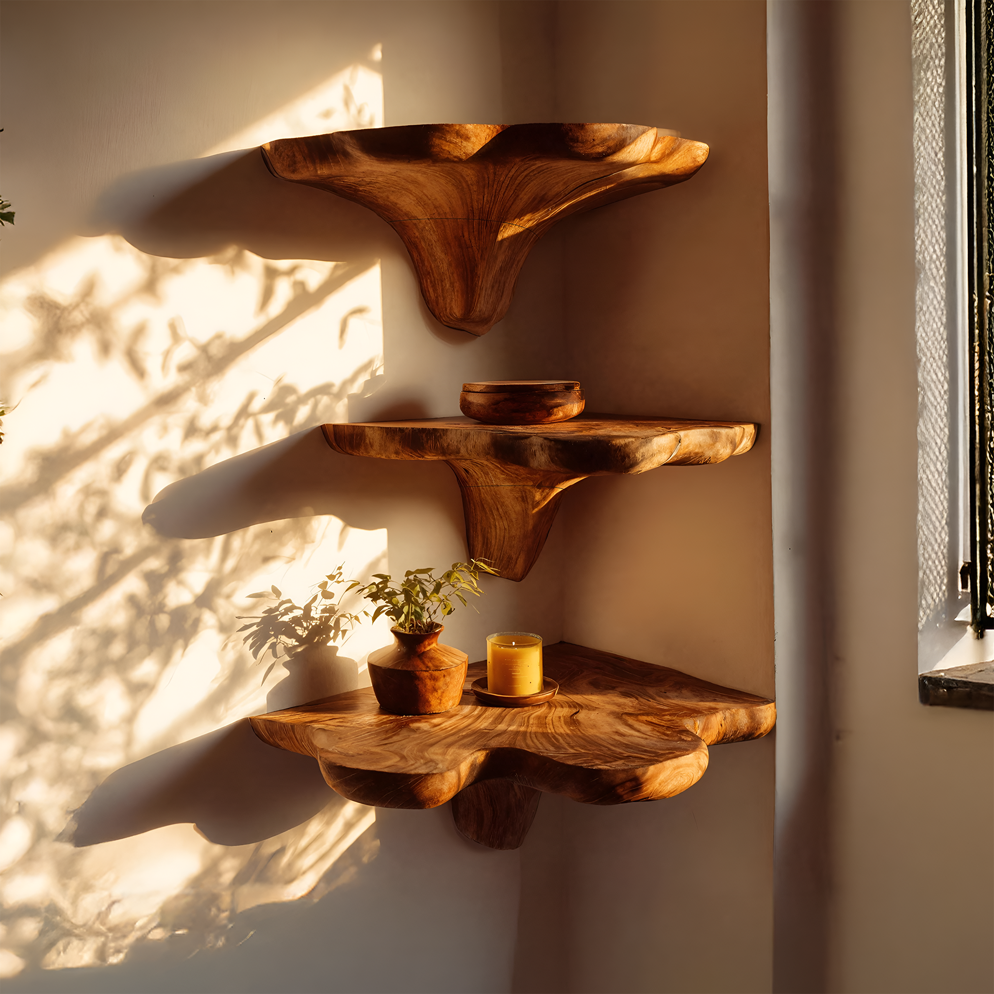 Mensola a fungo in legno stile rustico con bordo vivo per l'arredamento della camera da letto SILDTTNCMS018