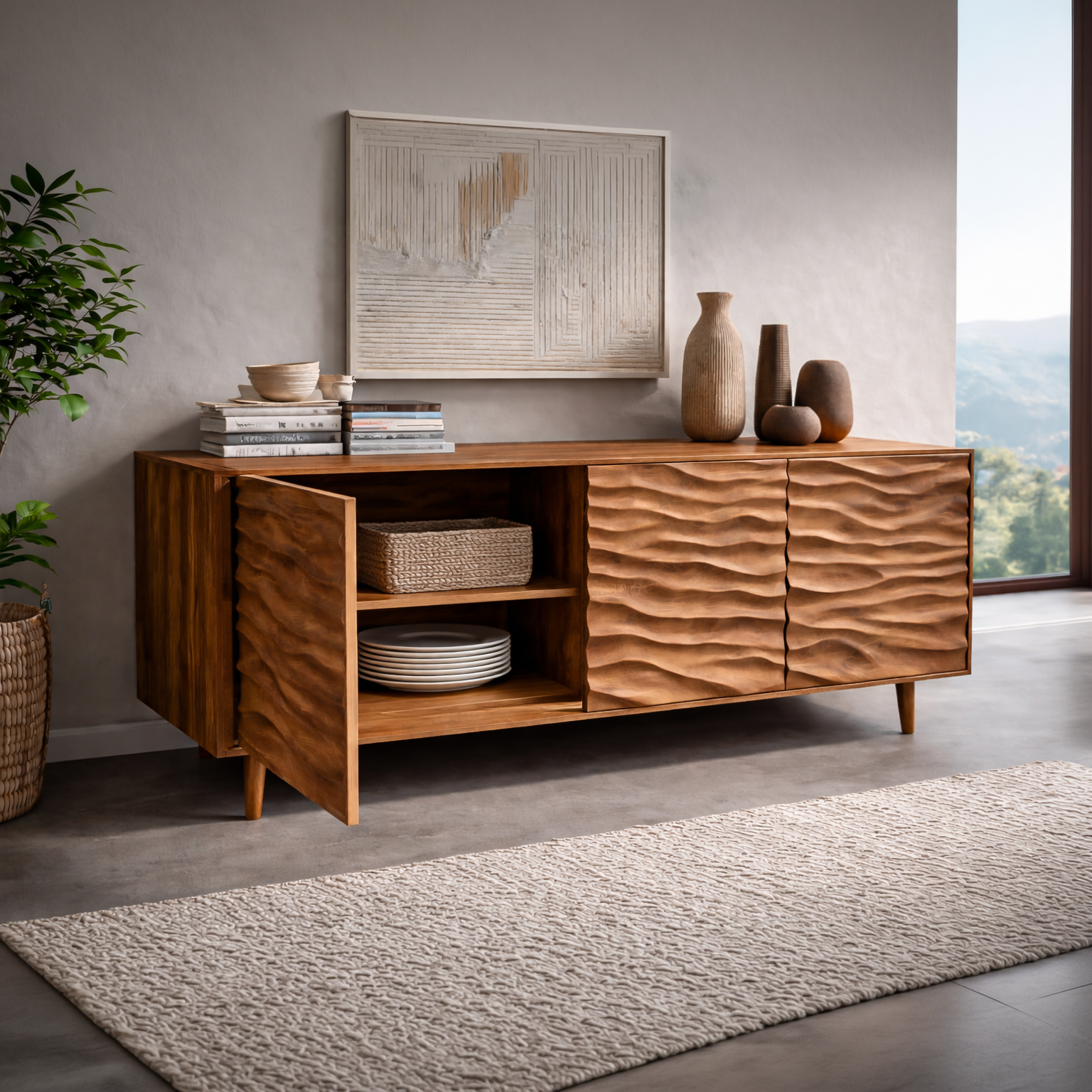 Credenza Moderna in Legno con Ante a Onde Intagliate per Soggiorni Contemporanei RTTHTTSD043