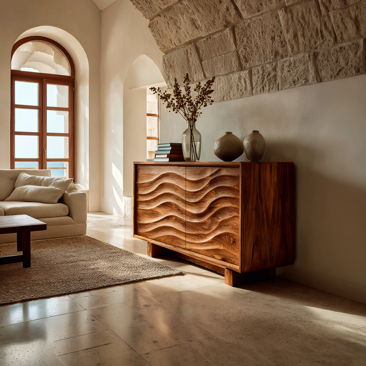 Credenza in Legno Intaglio Onda 3D Per Cucina RTTHTTSD058