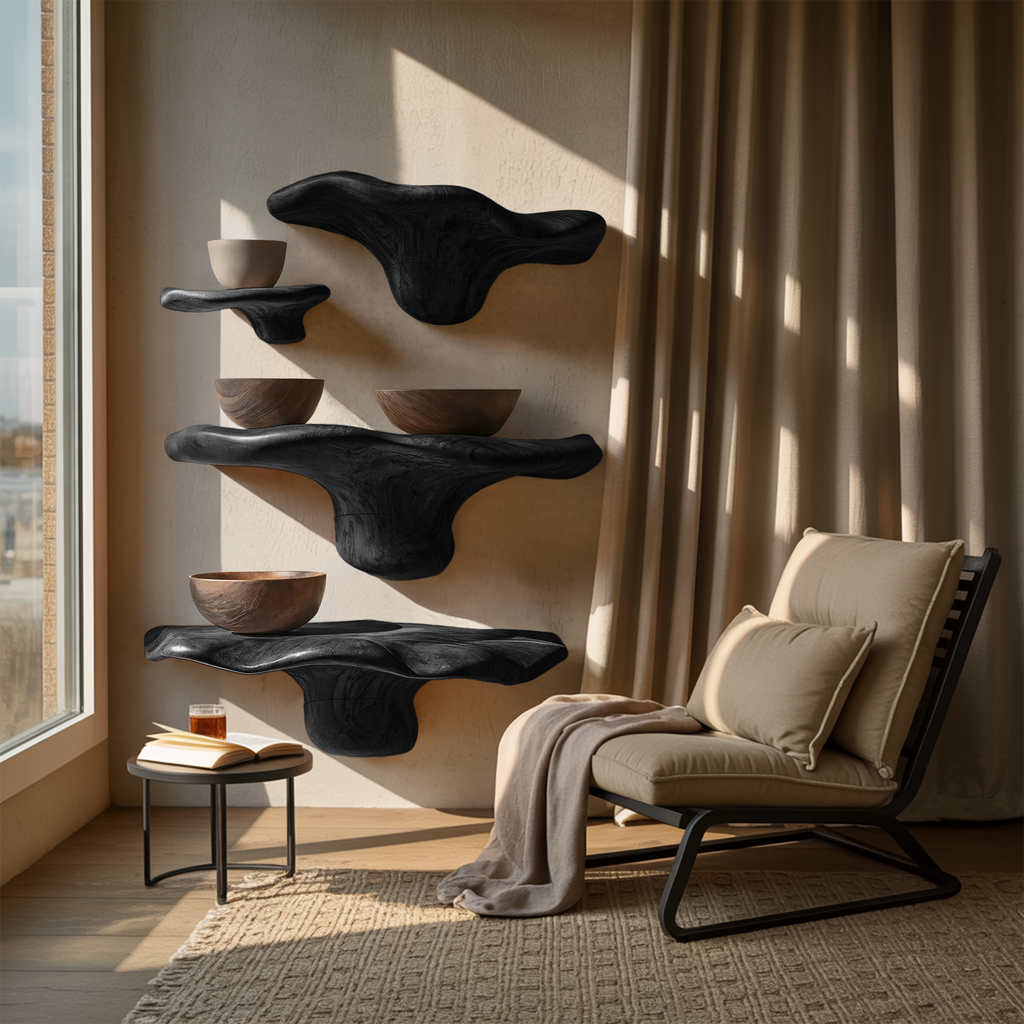 Mensola in legno rustico a forma di fungo con bordo vivo per decorazioni domestiche SILDTTRMR010