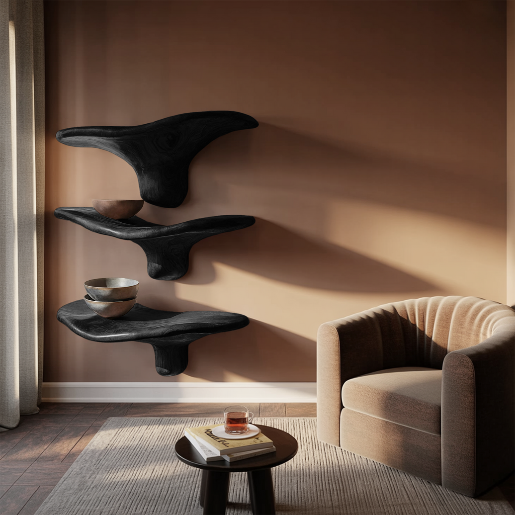 Mensole a fungo moderne in legno massiccio con bordo naturale per l'arredamento d'interni minimalista SILDTTRMR012