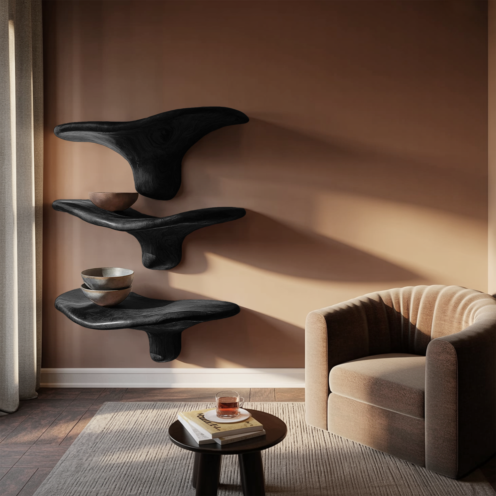 Mensole a fungo moderne in legno massiccio con bordo naturale per l'arredamento d'interni minimalista SILDTTRMR012