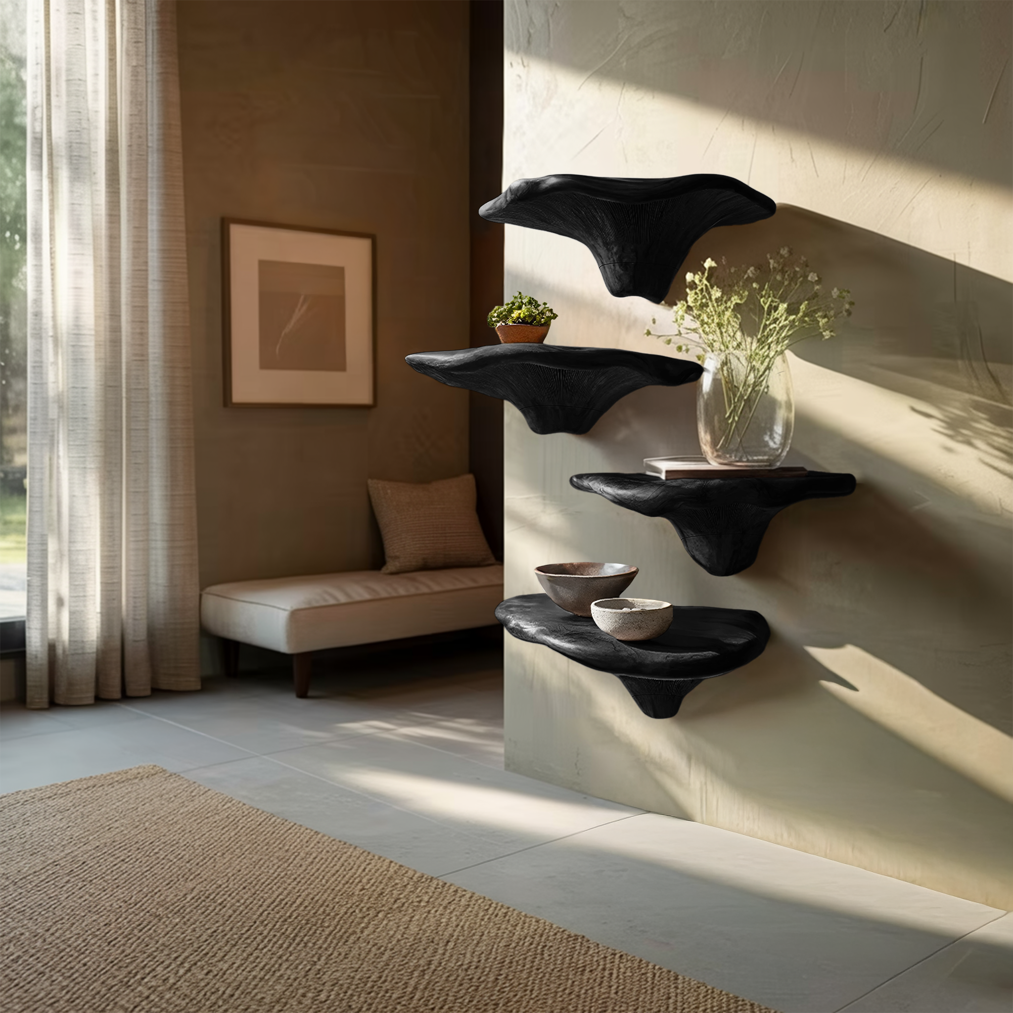 Mensola fungo in legno massello con bordo naturale per decorazione d'interni SILDTTRMR007