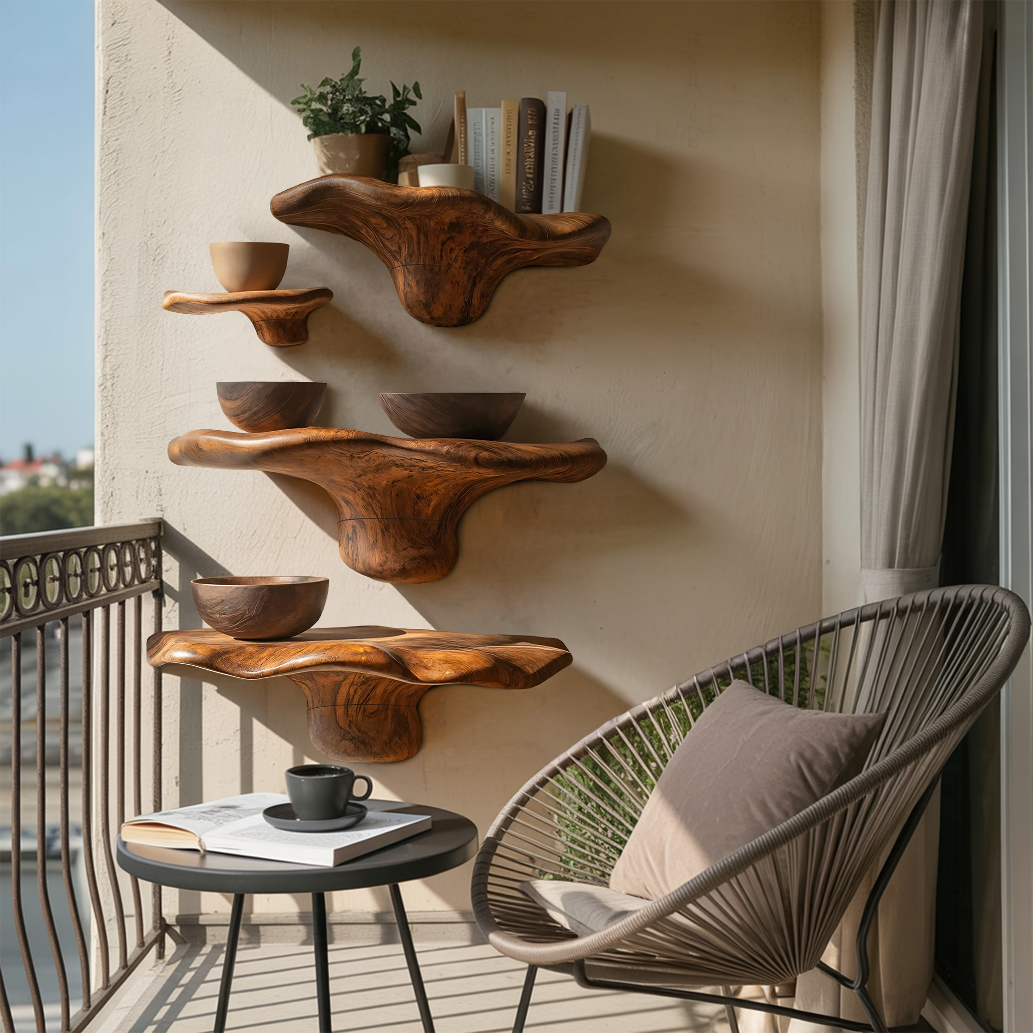 Mensola in legno rustico a forma di fungo con bordo vivo per decorazioni domestiche SILDTTRMR010