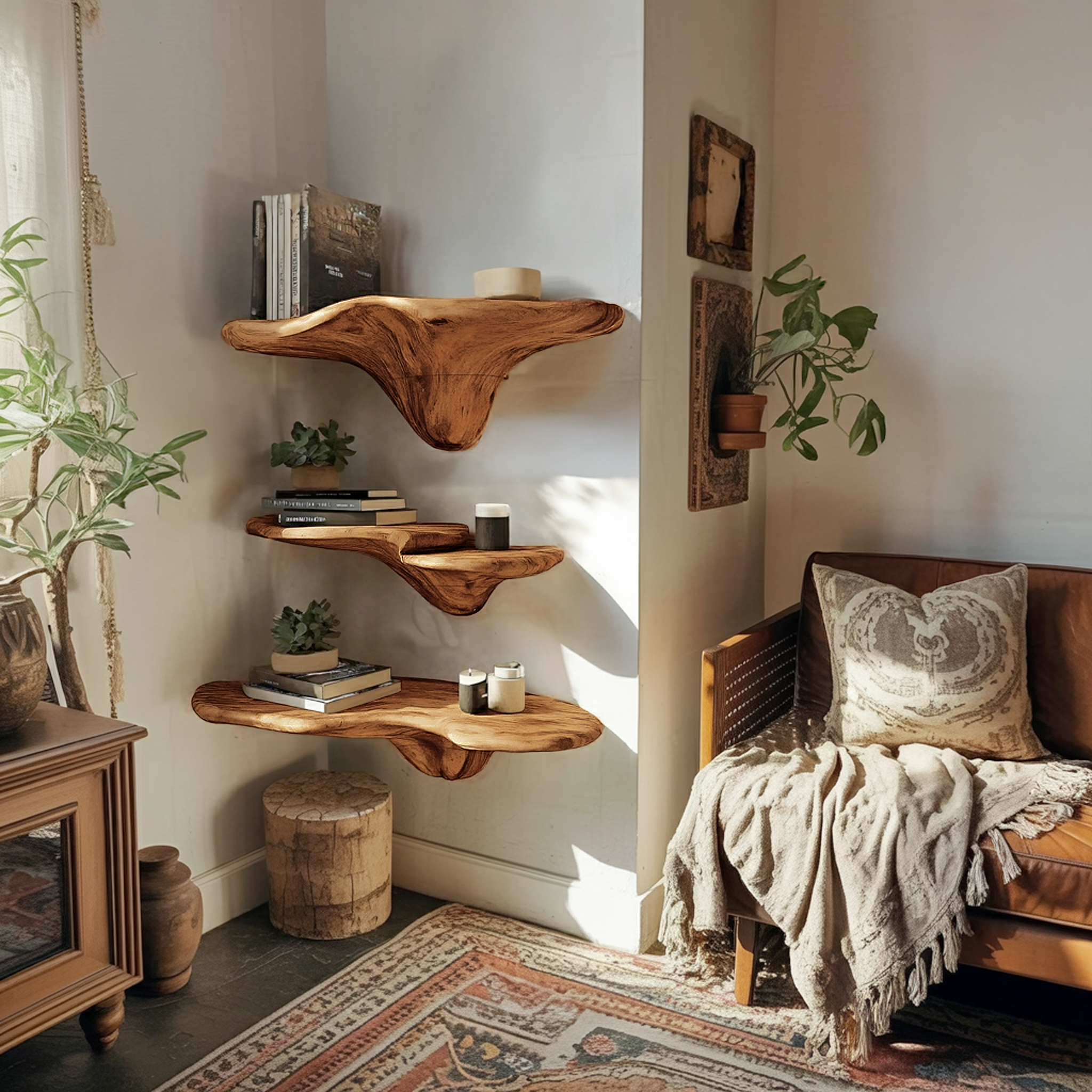 Mensola a Fungo Artigianale in Legno con Bordo Naturale per Arredamento Artistico SILDTTRMR015