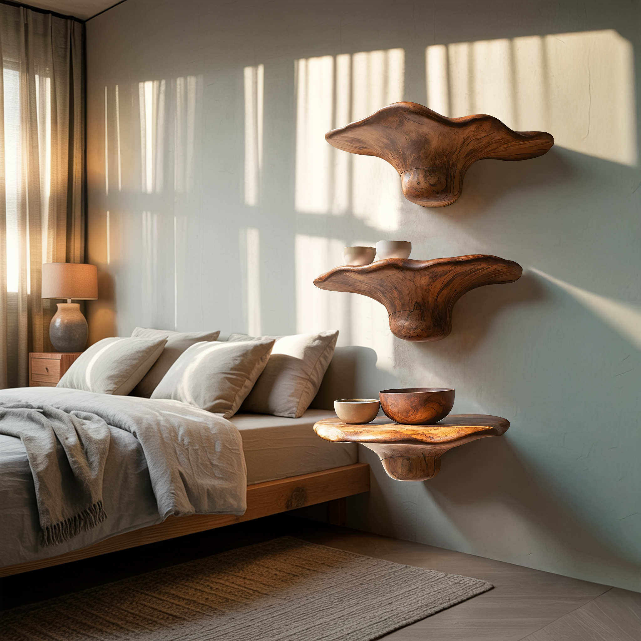 Mensole in legno massiccio a forma di fungo fatte a mano per la decorazione della parete della camera da letto SILDTTRMR011