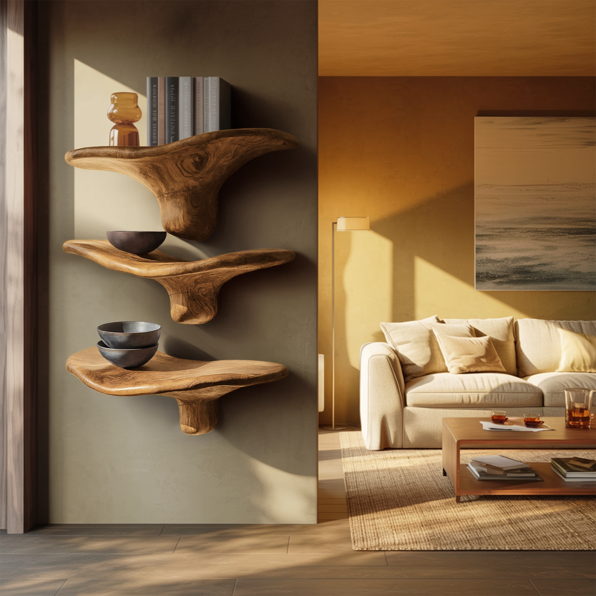 Mensole a fungo moderne in legno massiccio con bordo naturale per l'arredamento d'interni minimalista SILDTTRMR012