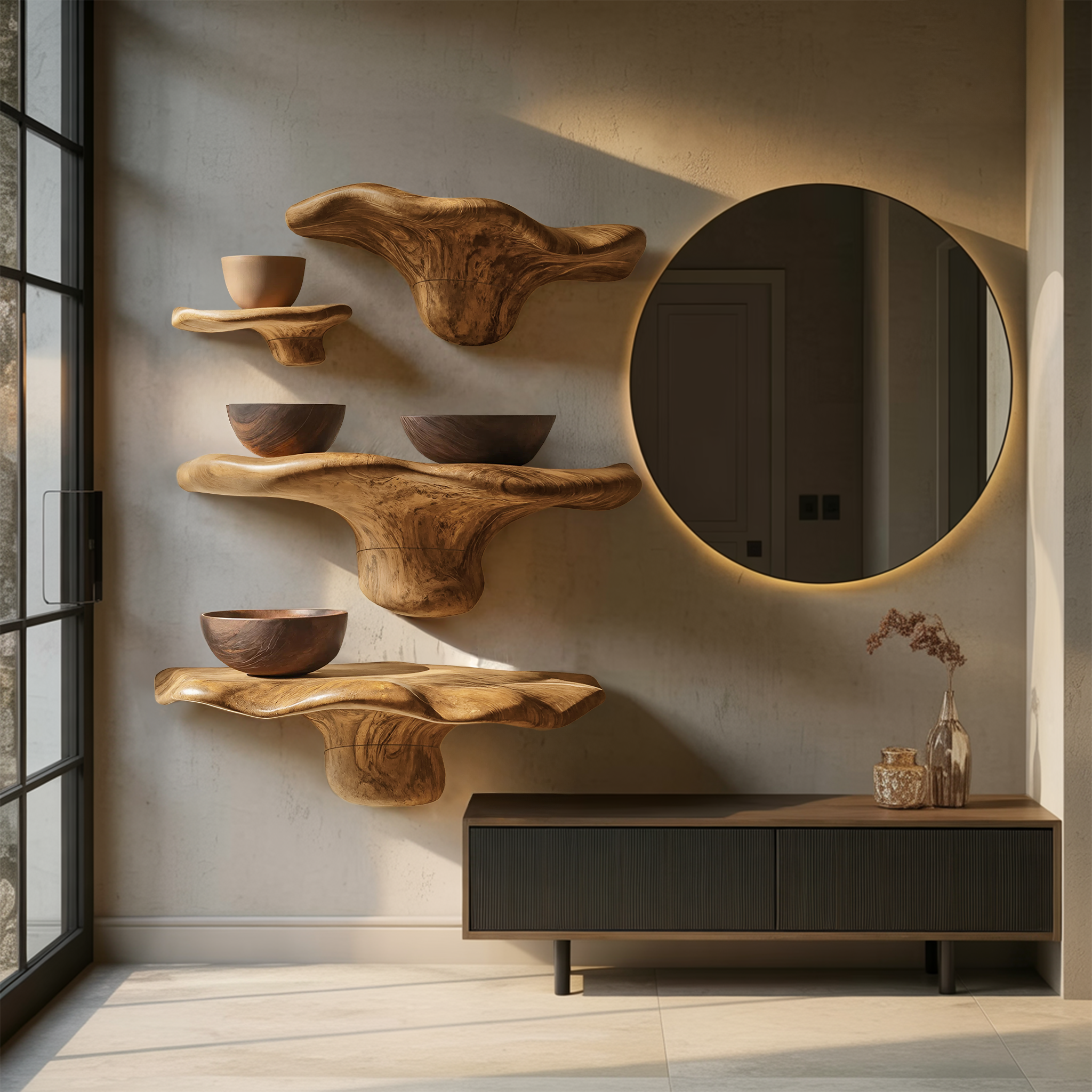 Mensola in legno rustico a forma di fungo con bordo vivo per decorazioni domestiche SILDTTRMR010