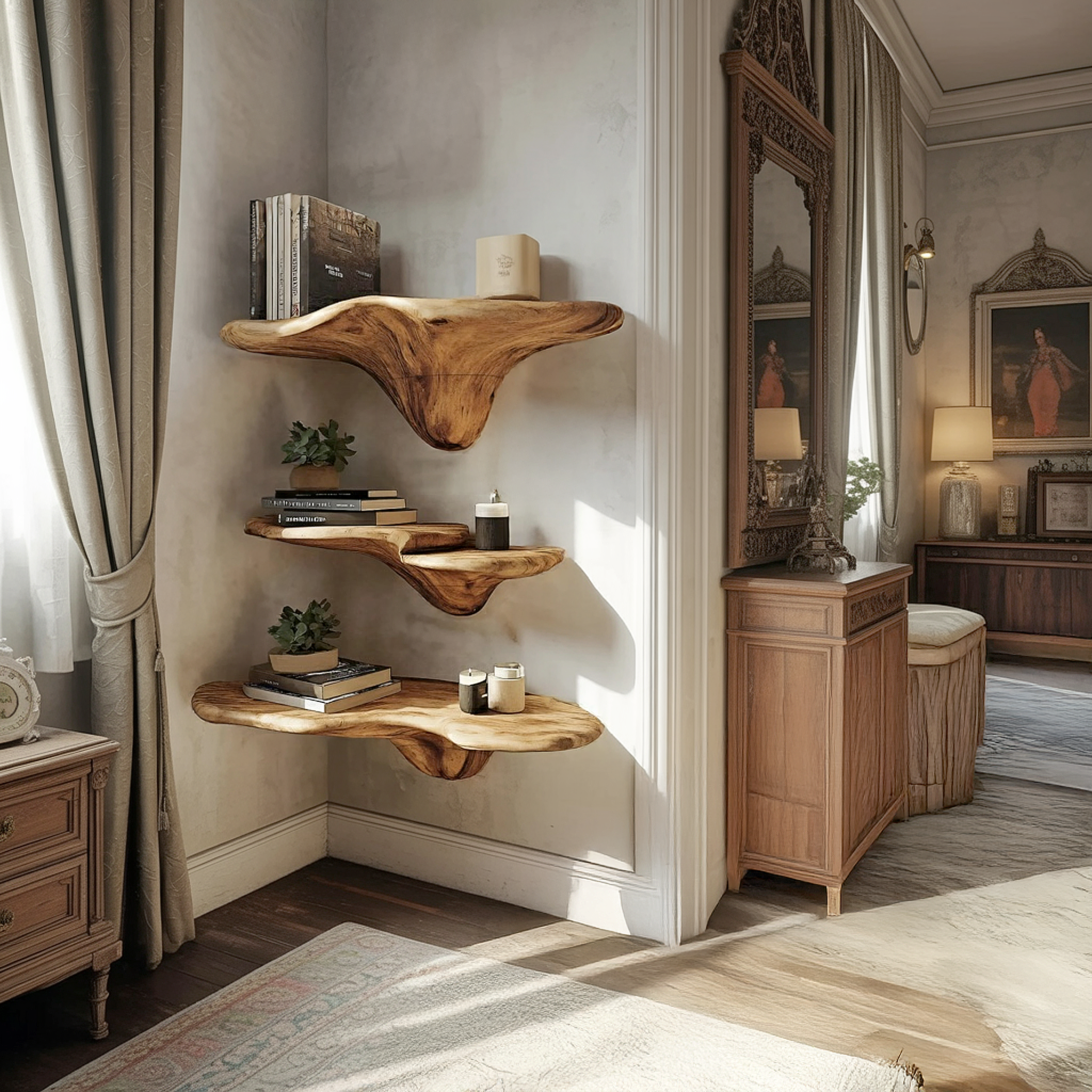 Mensola a Fungo Artigianale in Legno con Bordo Naturale per Arredamento Artistico SILDTTRMR015