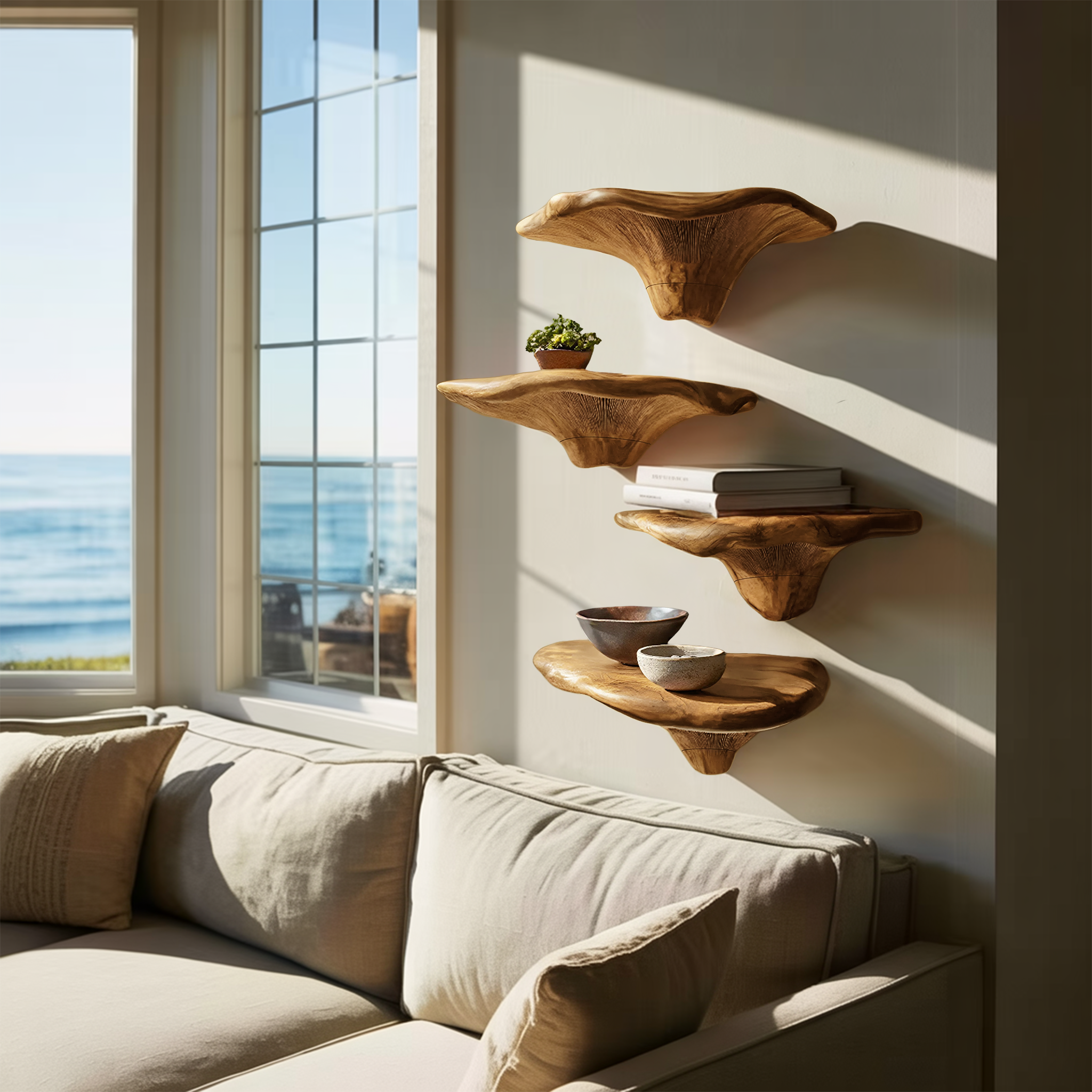 Mensola fungo in legno massello con bordo naturale per decorazione d'interni SILDTTRMR007