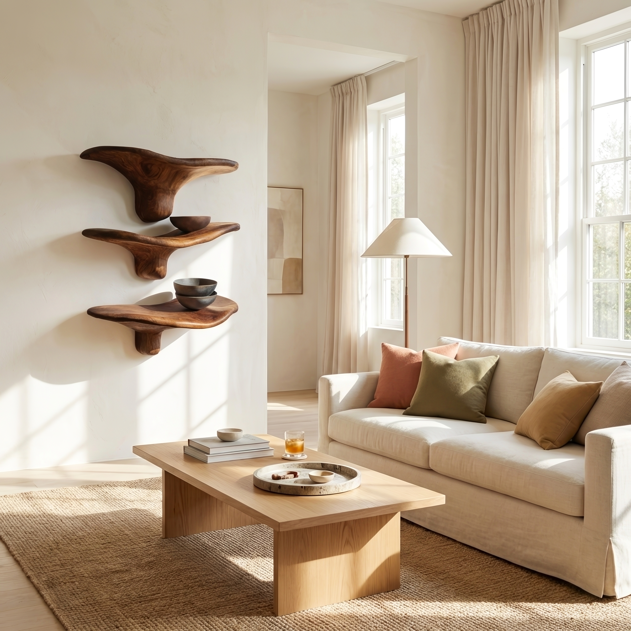 Mensole a fungo moderne in legno massiccio con bordo naturale per l'arredamento d'interni minimalista SILDTTRMR012