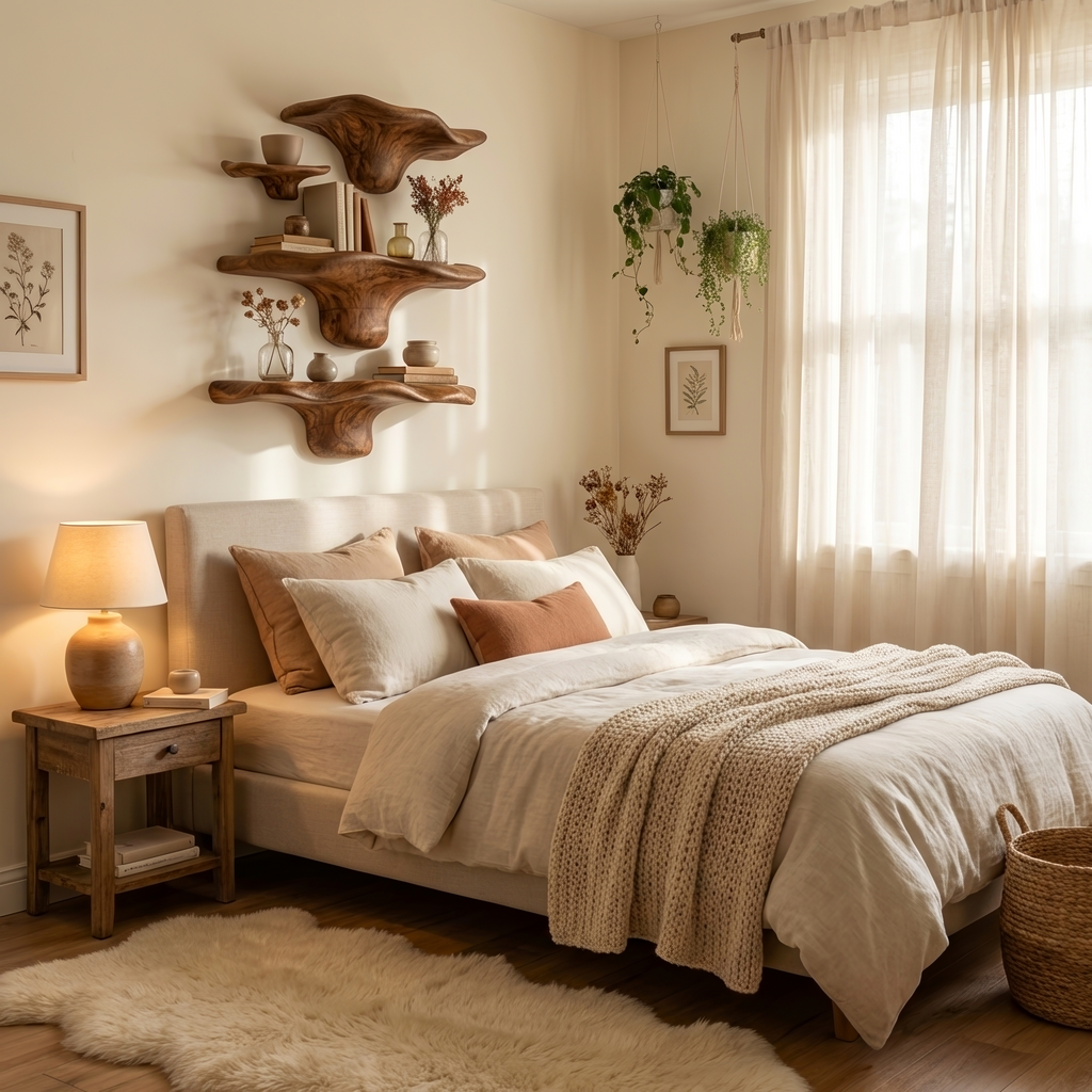 Mensola in legno rustico a forma di fungo con bordo vivo per decorazioni domestiche SILDTTRMR010