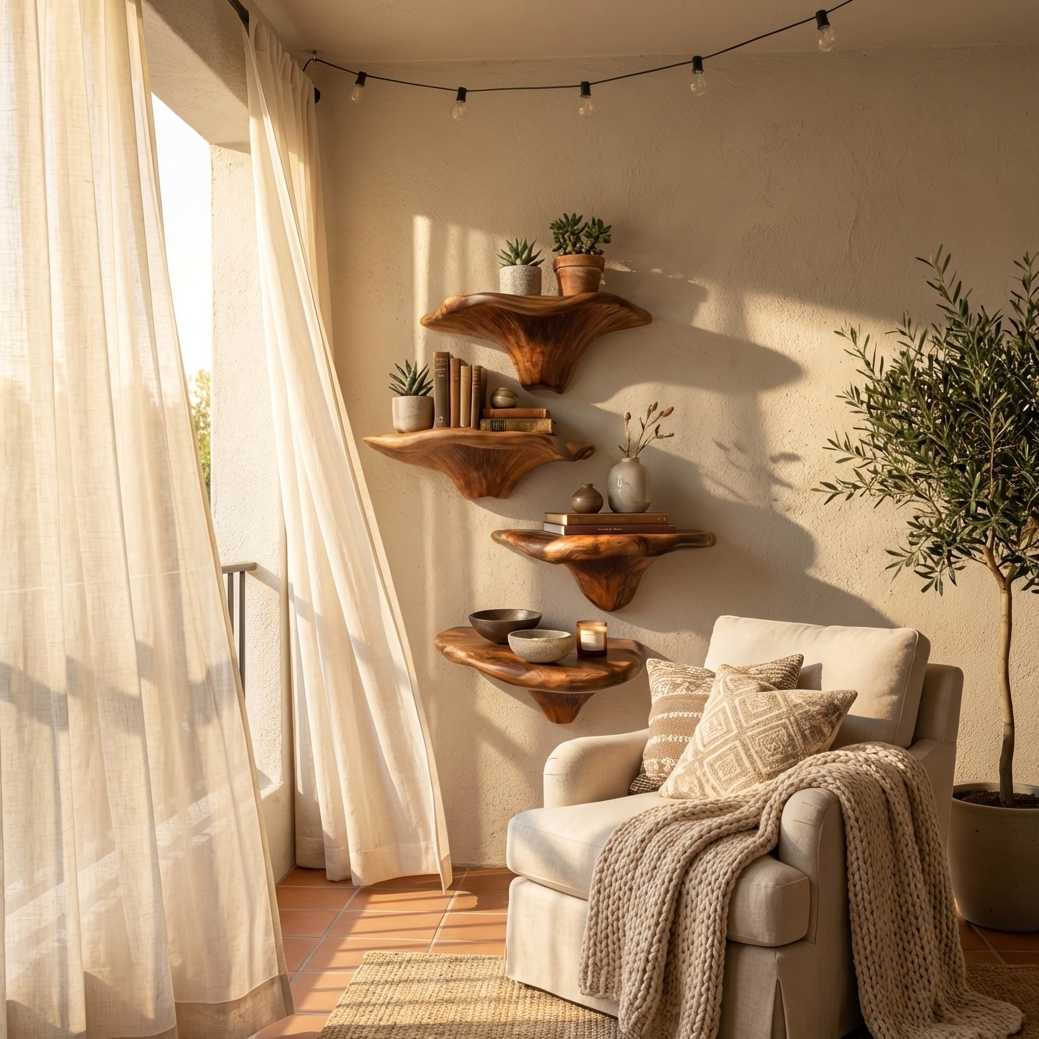 Mensola fungo in legno massello con bordo naturale per decorazione d'interni SILDTTRMR007