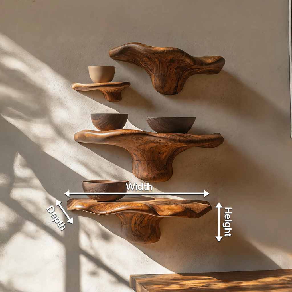 Mensola in legno rustico a forma di fungo con bordo vivo per decorazioni domestiche SILDTTRMR010