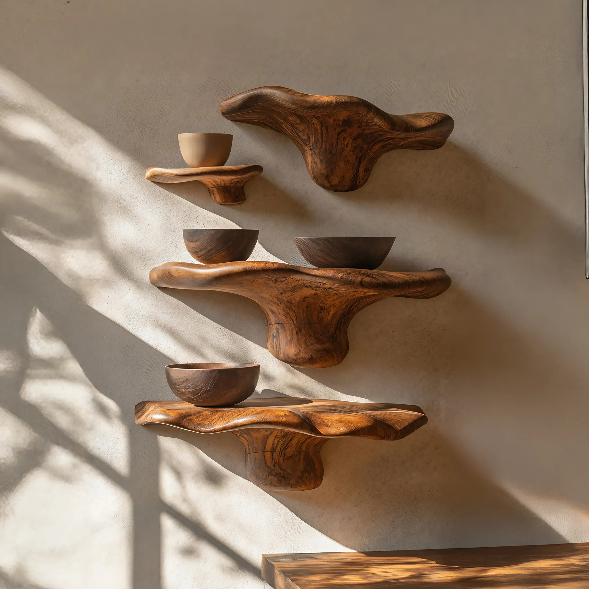 Mensola in legno rustico a forma di fungo con bordo vivo per decorazioni domestiche SILDTTRMR010