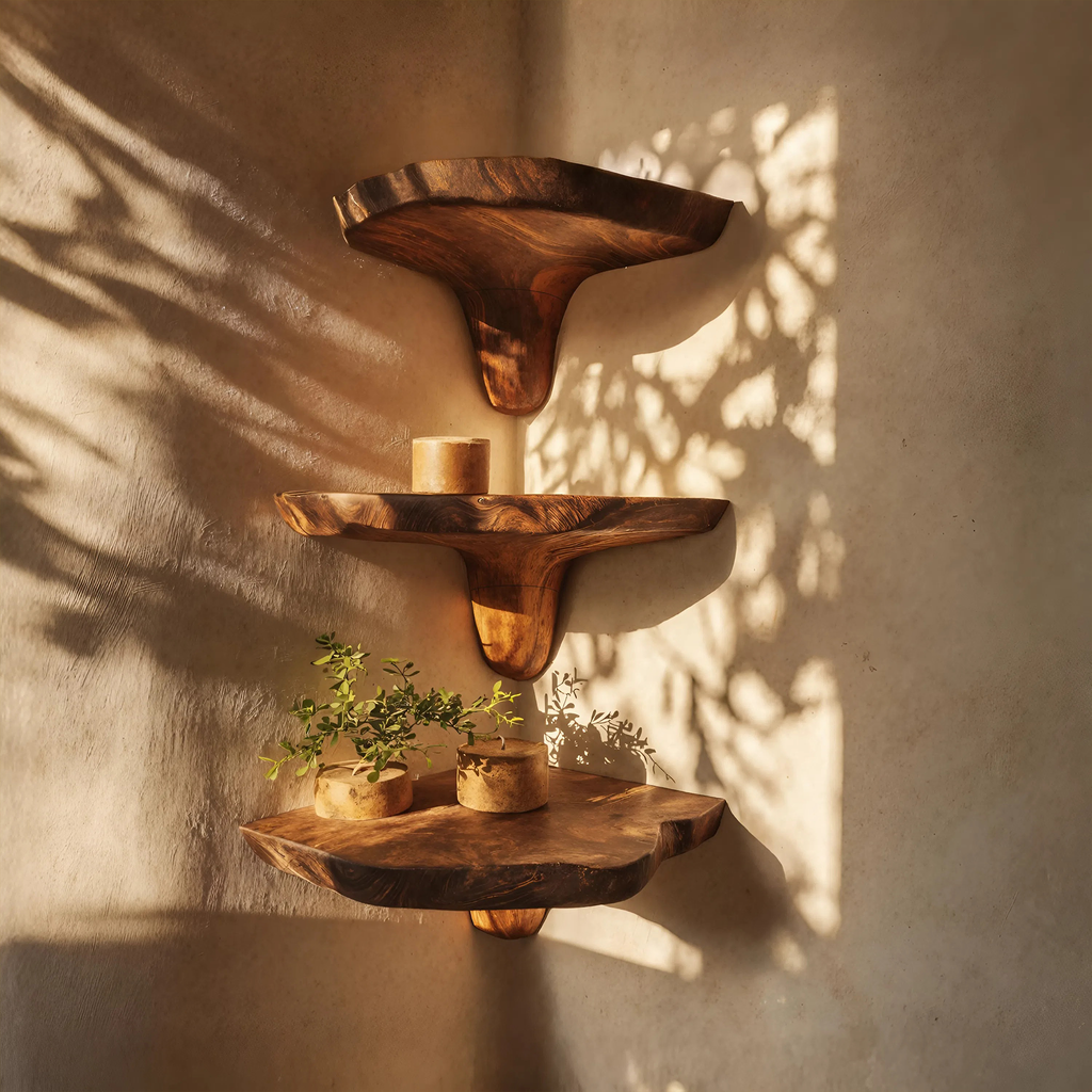 Mid Century Wooden Live Edge Mushroom Shelf For Living Room Decor SILDTTNCMS001