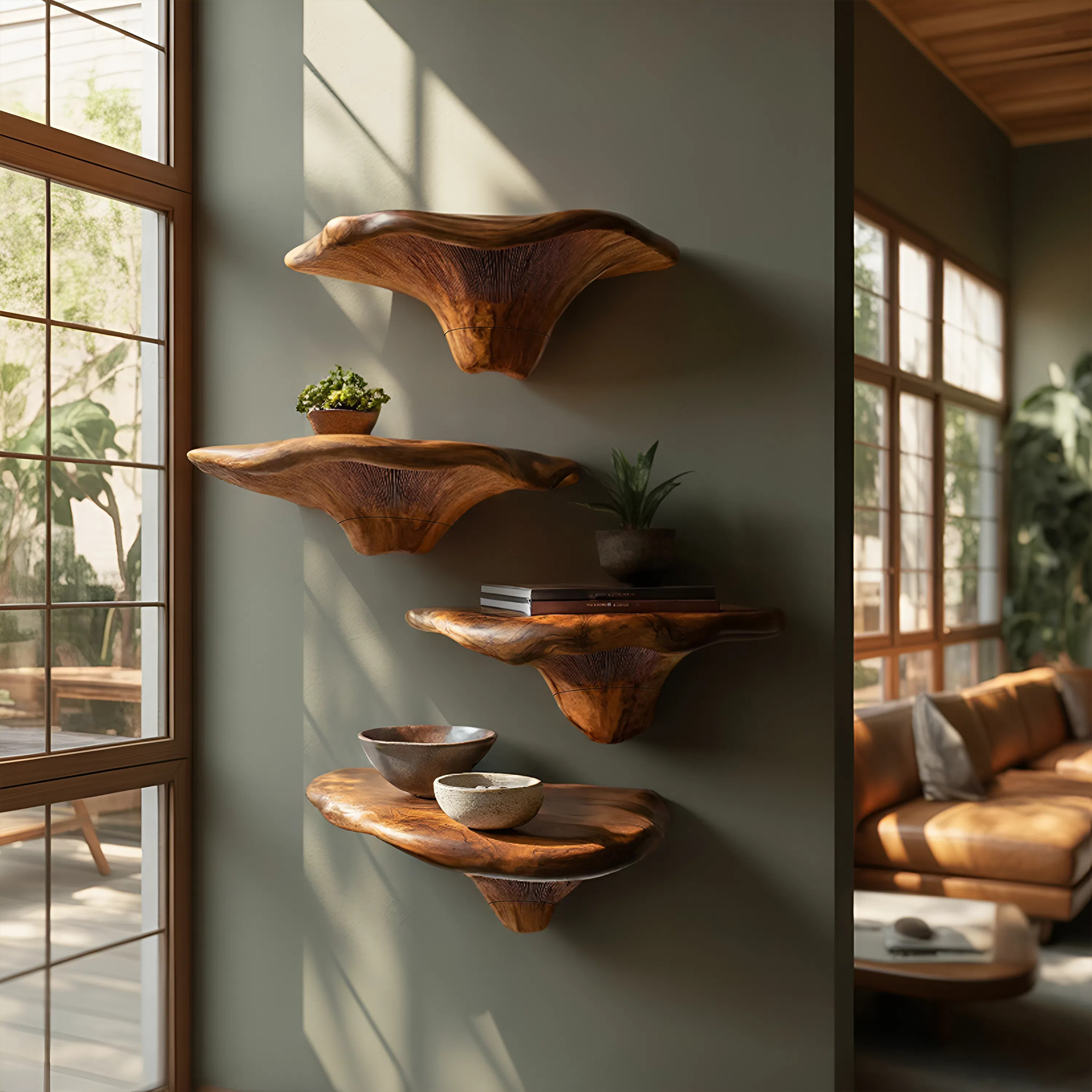 Mensola fungo in legno massello con bordo naturale per decorazione d'interni SILDTTRMR007