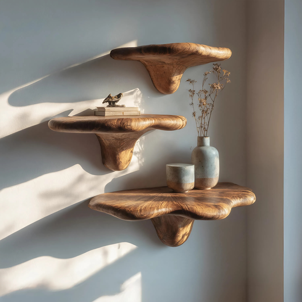 Mensola a fungo rustica in legno con bordo naturale per uno stile di arredamento autentico SILDTTNMR006