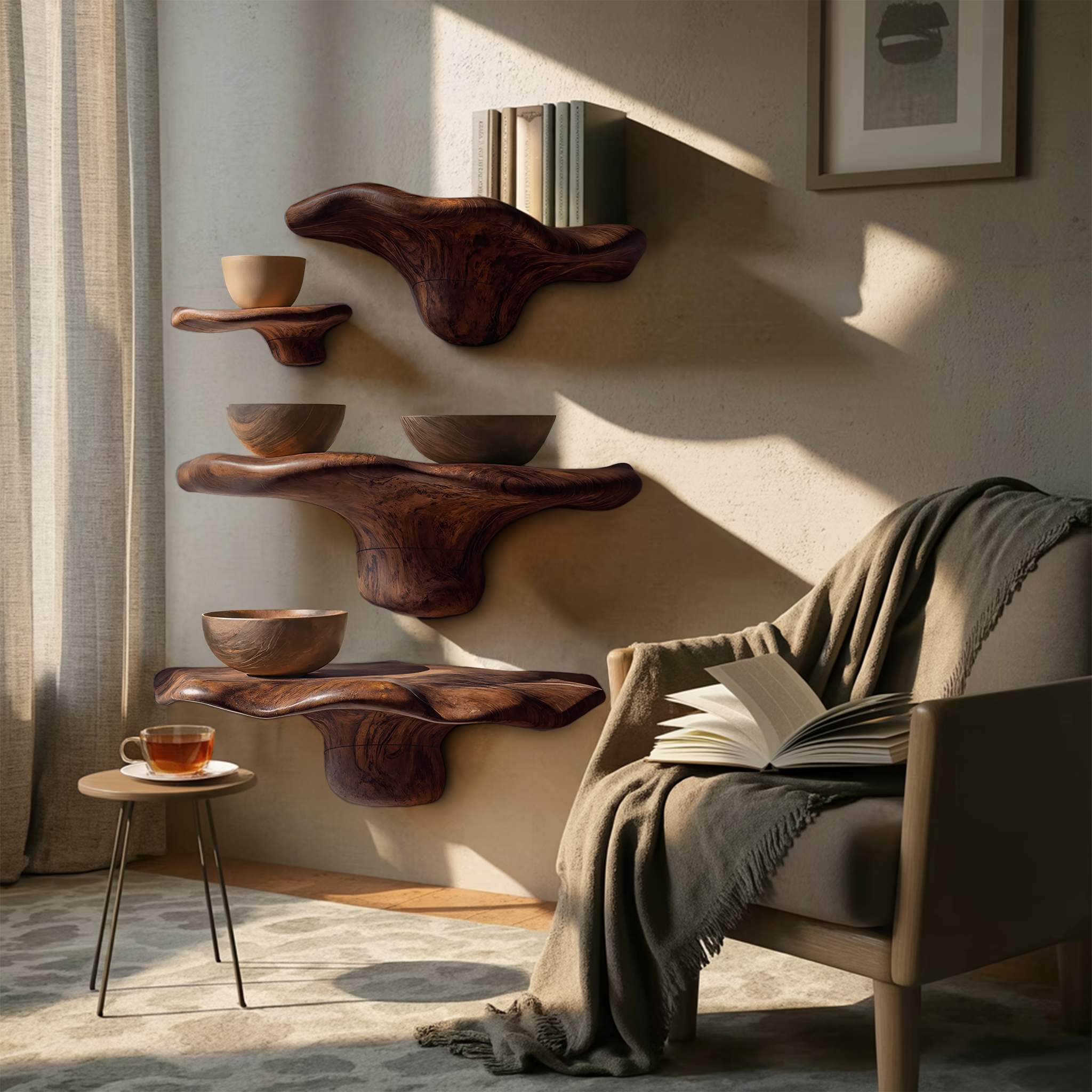 Mensola in legno rustico a forma di fungo con bordo vivo per decorazioni domestiche SILDTTRMR010