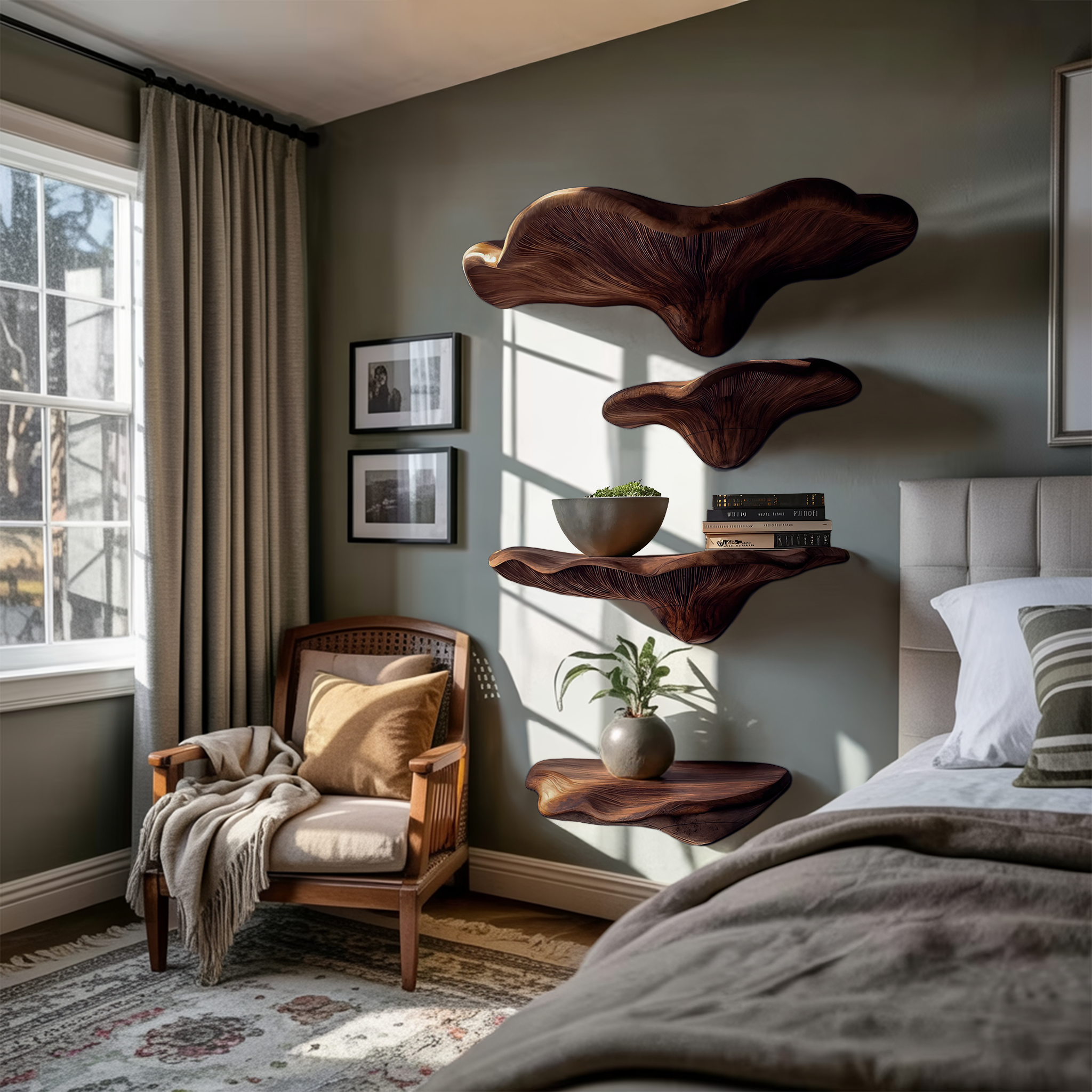 Scaffale a fungo in legno massello rustico per camera da letto e contenitore SILDTTRMR006