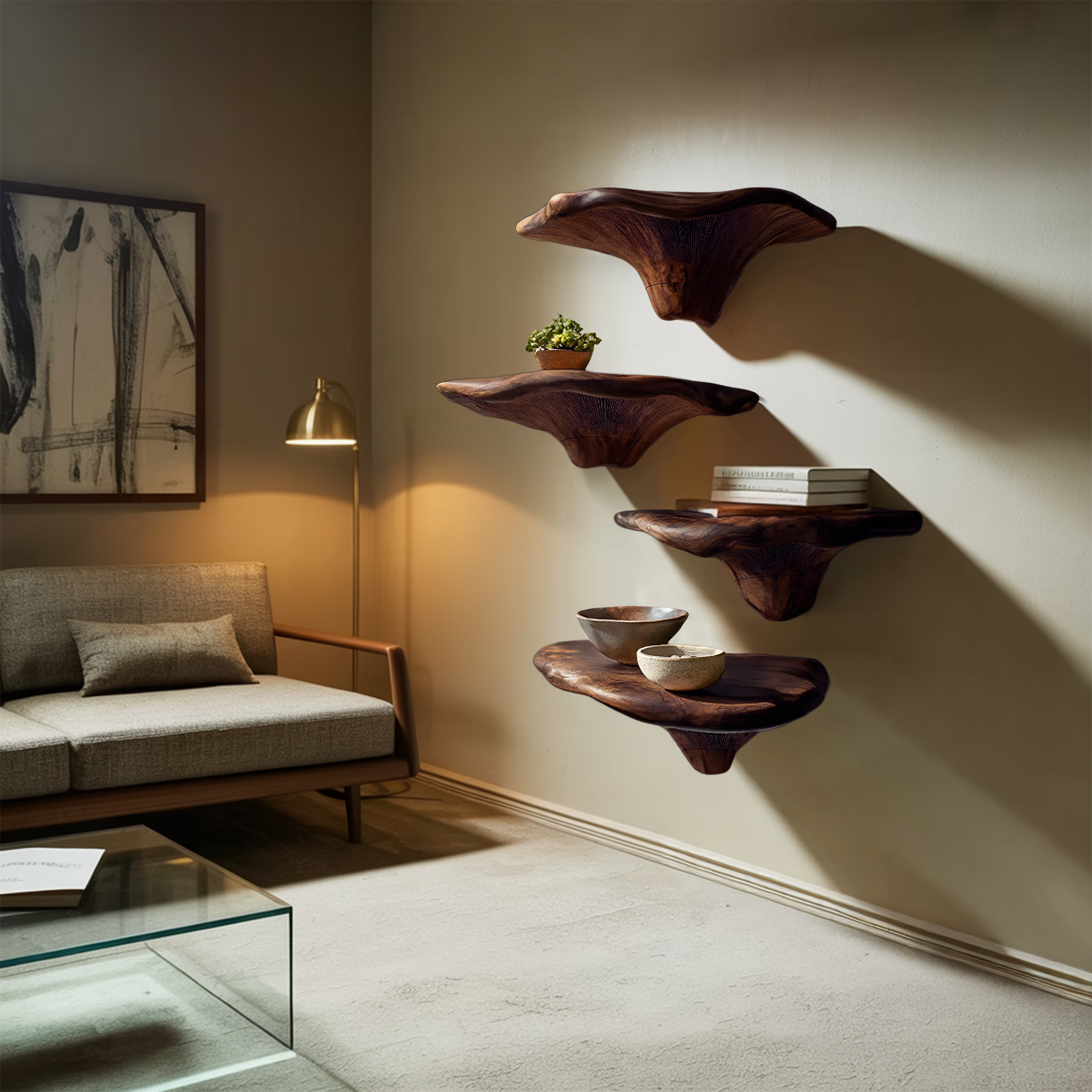 Mensola fungo in legno massello con bordo naturale per decorazione d'interni SILDTTRMR007
