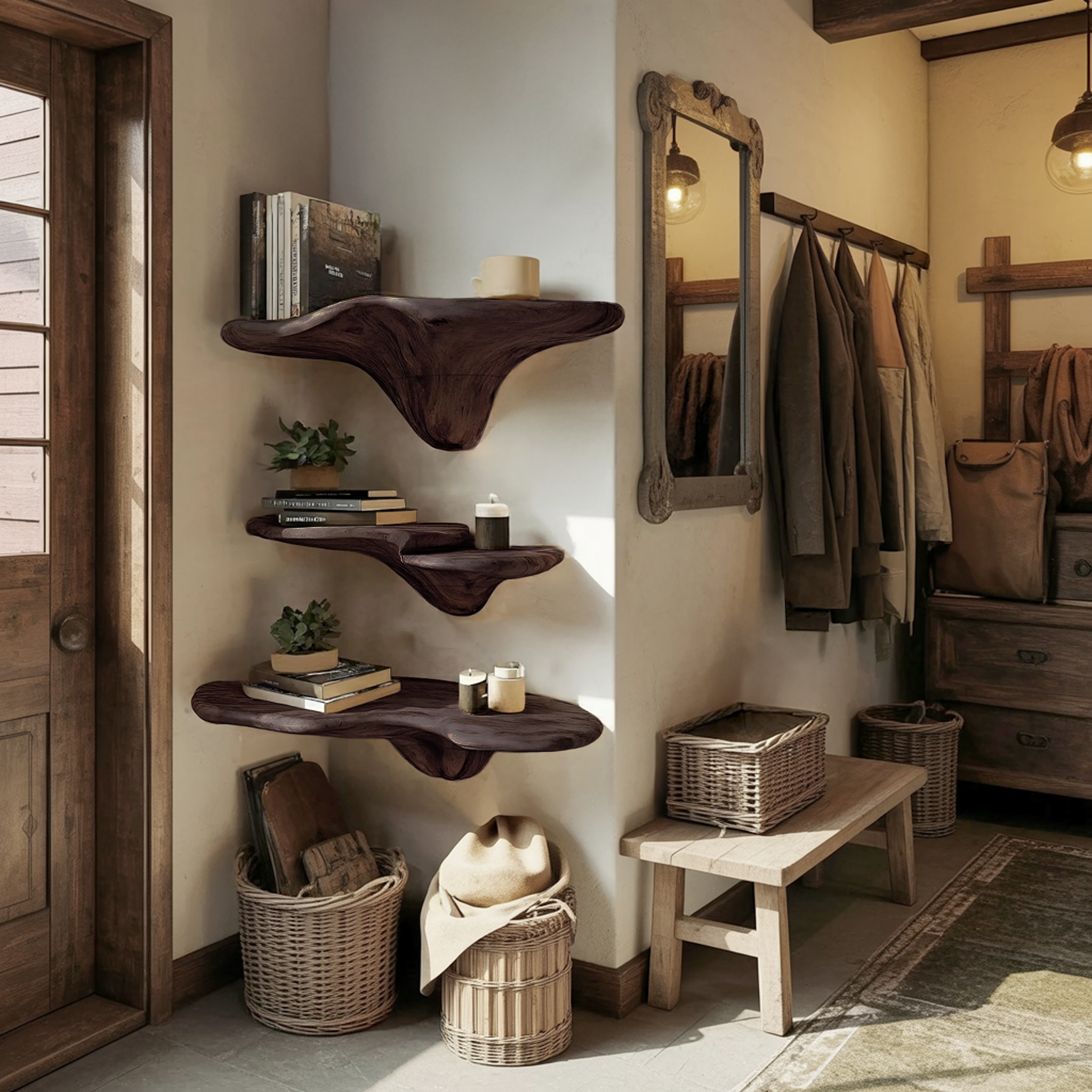 Mensola a Fungo Artigianale in Legno con Bordo Naturale per Arredamento Artistico SILDTTRMR015