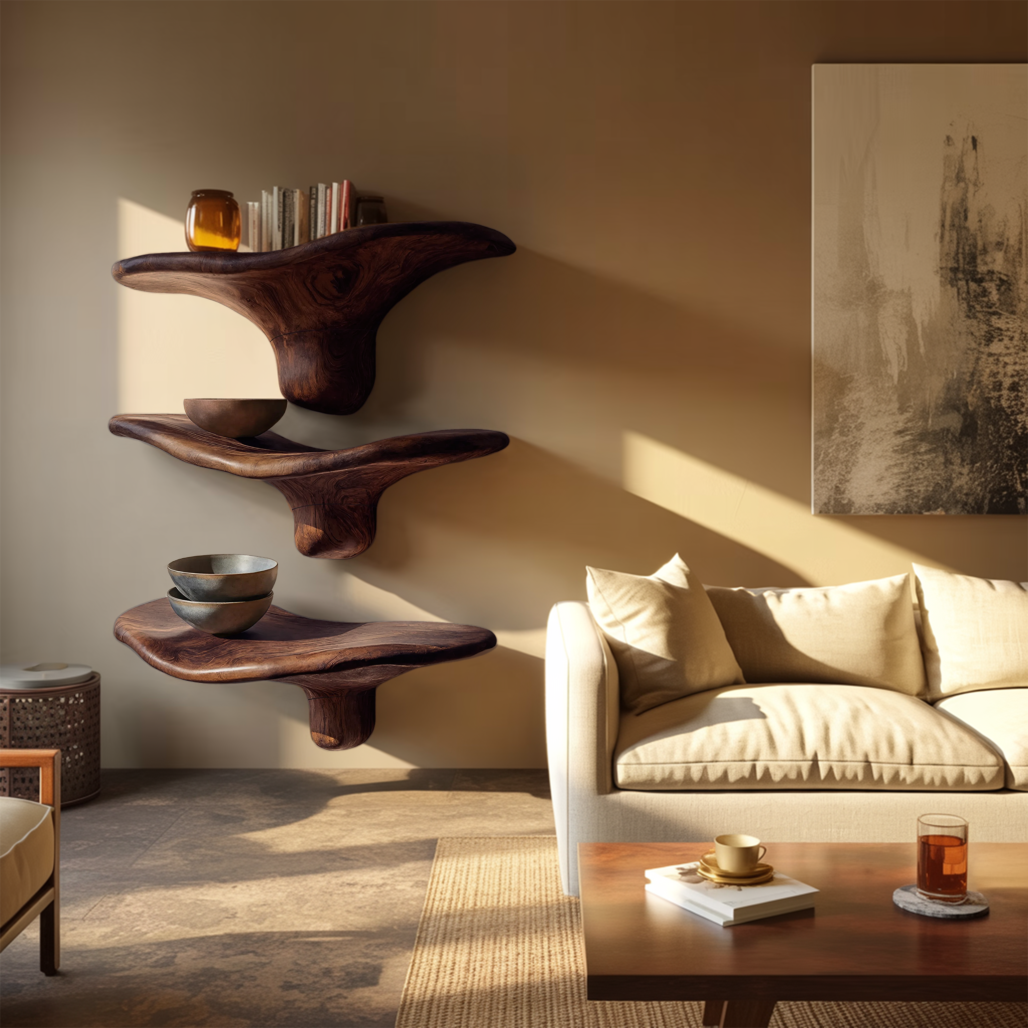 Mensole a fungo moderne in legno massiccio con bordo naturale per l'arredamento d'interni minimalista SILDTTRMR012